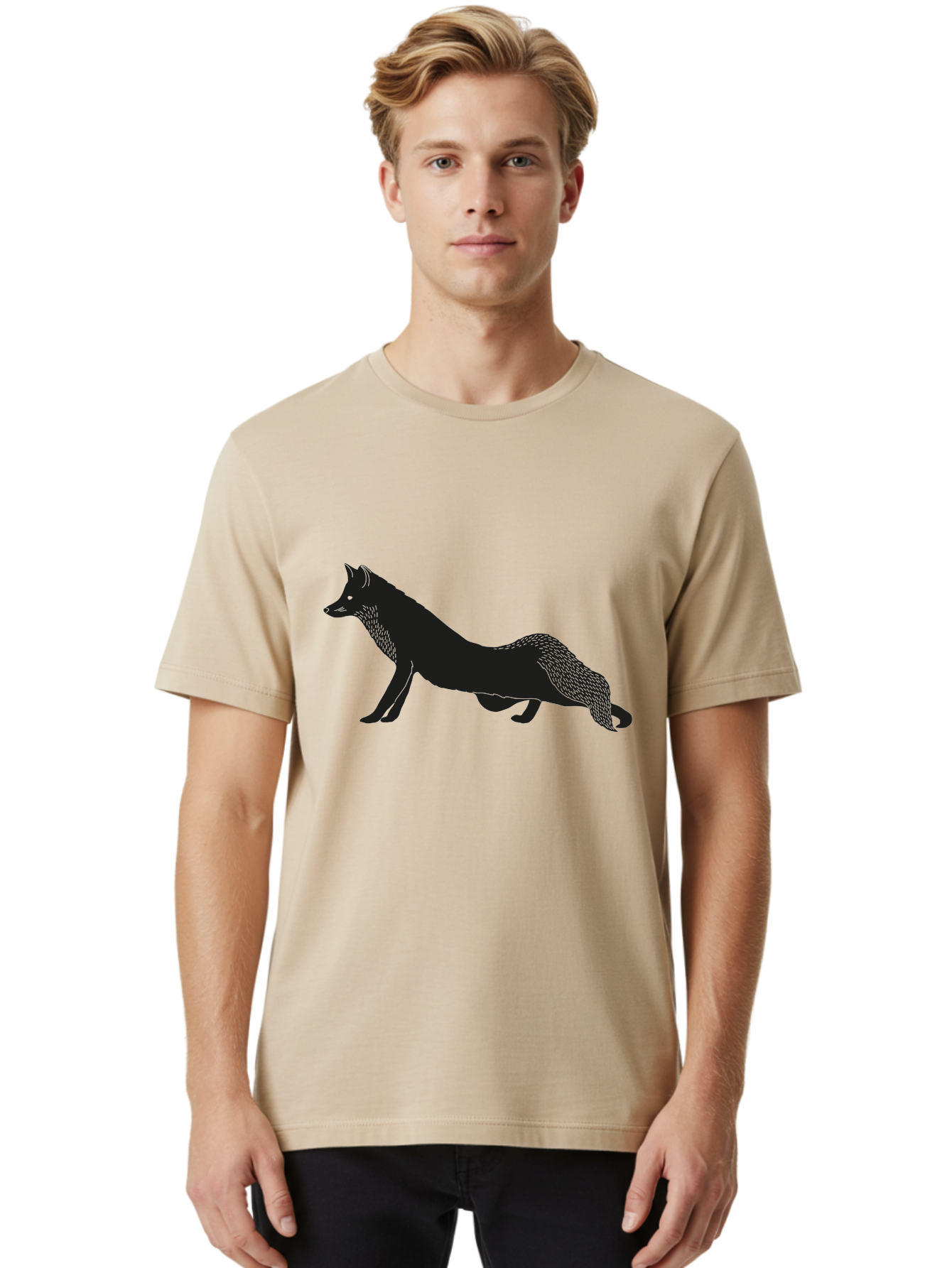 Wolf Men'S Graphic Tee, 100% Cotton, Comfortable Casual Summer Wear, Machine Washable, Black Fox Silhouette, Wild Animal, Wildlife, Nature, Furry Creature, Forest Dweller, Sharp Features, Minimalist Design Aac250