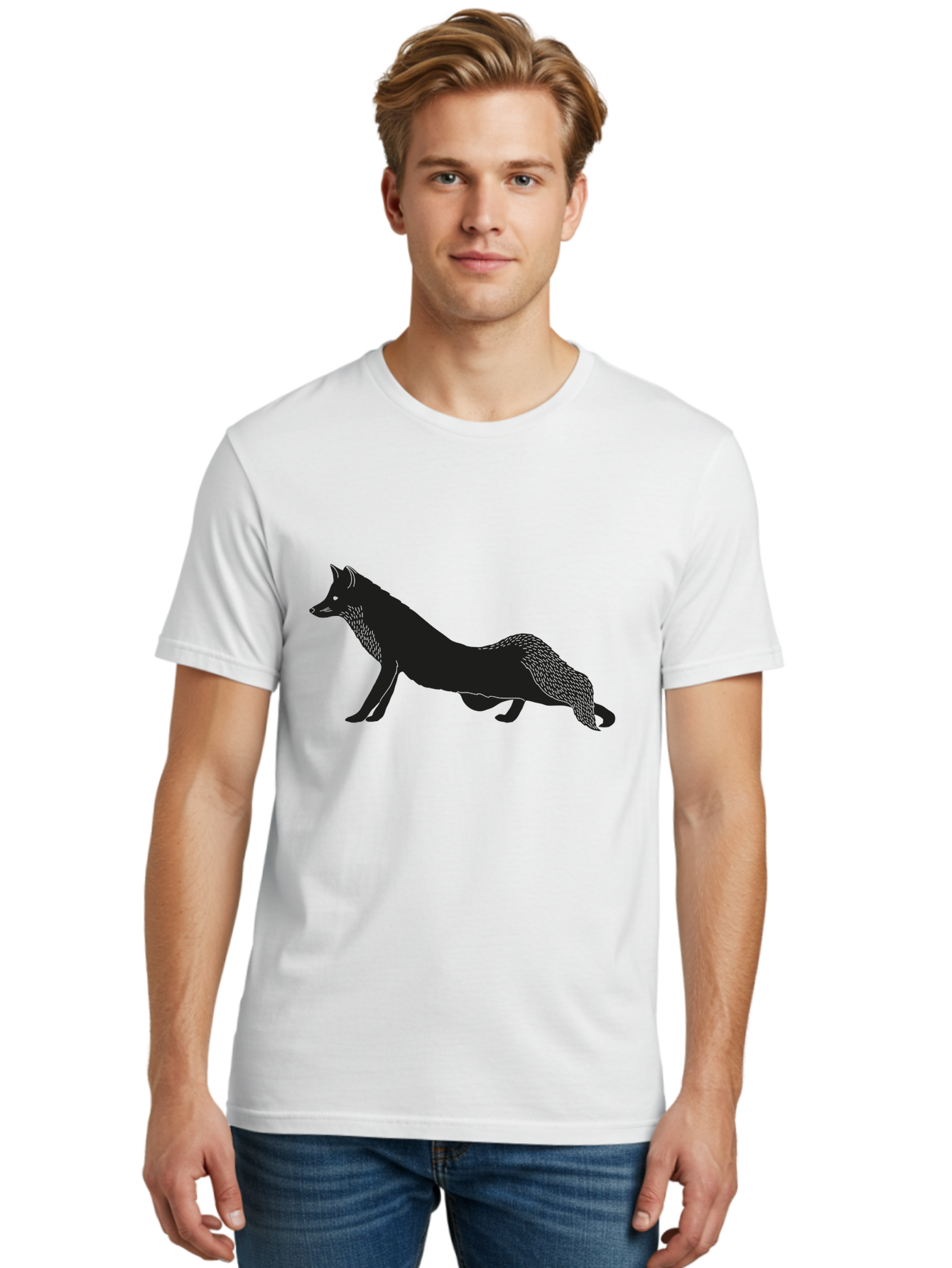 Wolf Men'S Graphic Tee, 100% Cotton, Comfortable Casual Summer Wear, Machine Washable, Black Fox Silhouette, Wild Animal, Wildlife, Nature, Furry Creature, Forest Dweller, Sharp Features, Minimalist Design Aac250