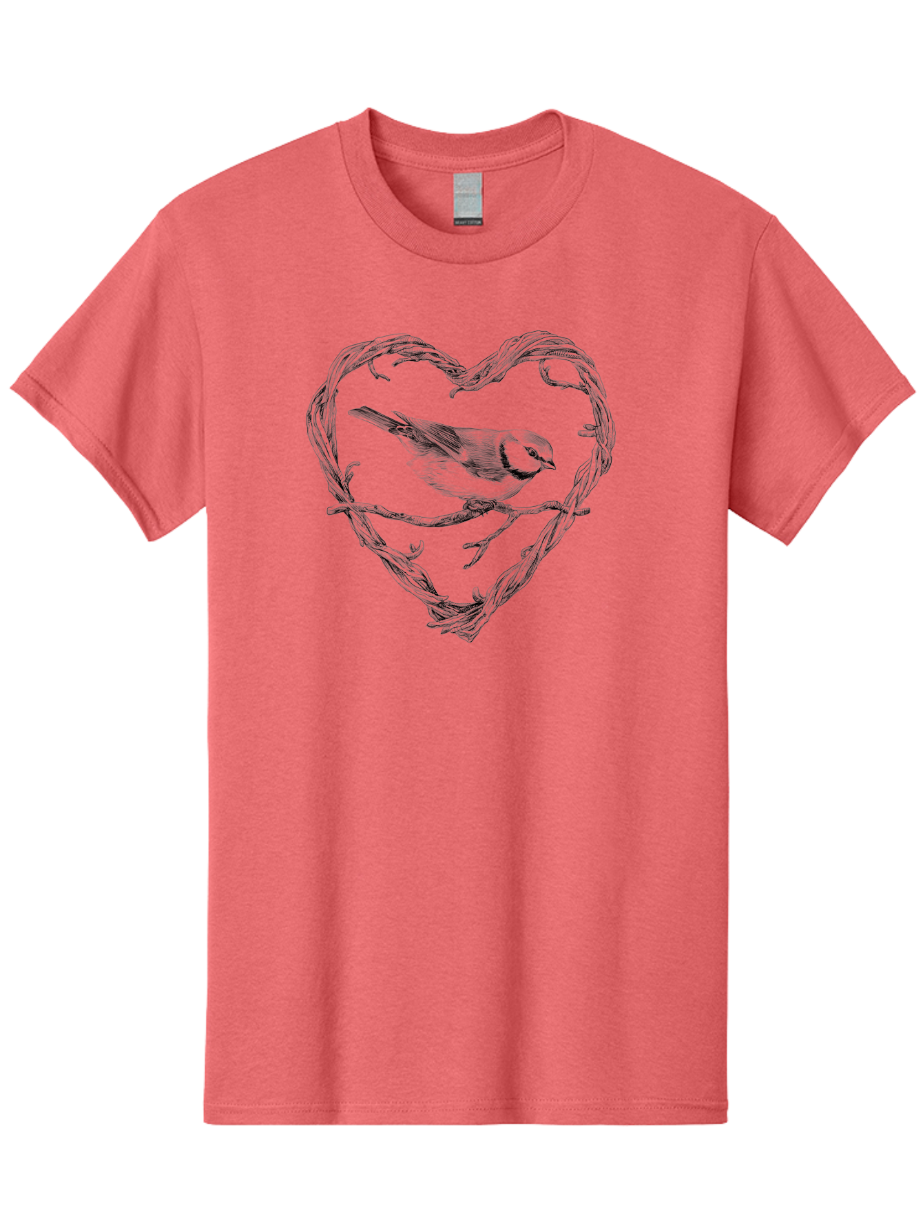 Bird-In-Heart Men'S Graphic Tee, 100% Cotton, Comfortable Casual Summer Wear, Machine Washable, Bird On Branch, Heart-Shaped Frame, Twigs And Leaves, Black And White Illustration, Bird Watching, Wildlife Art, Symbolic Heart, Love For Nature Aac252