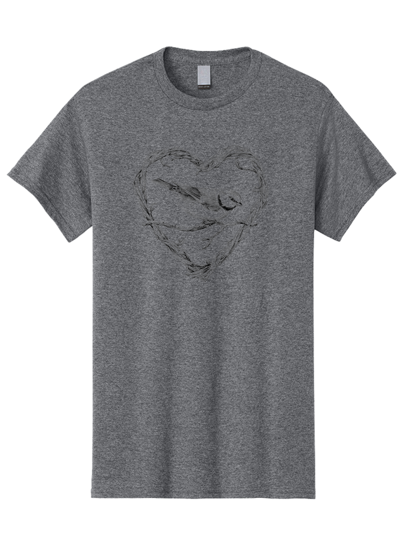 Bird-In-Heart Men'S Graphic Tee, 100% Cotton, Comfortable Casual Summer Wear, Machine Washable, Bird On Branch, Heart-Shaped Frame, Twigs And Leaves, Black And White Illustration, Bird Watching, Wildlife Art, Symbolic Heart, Love For Nature Aac252