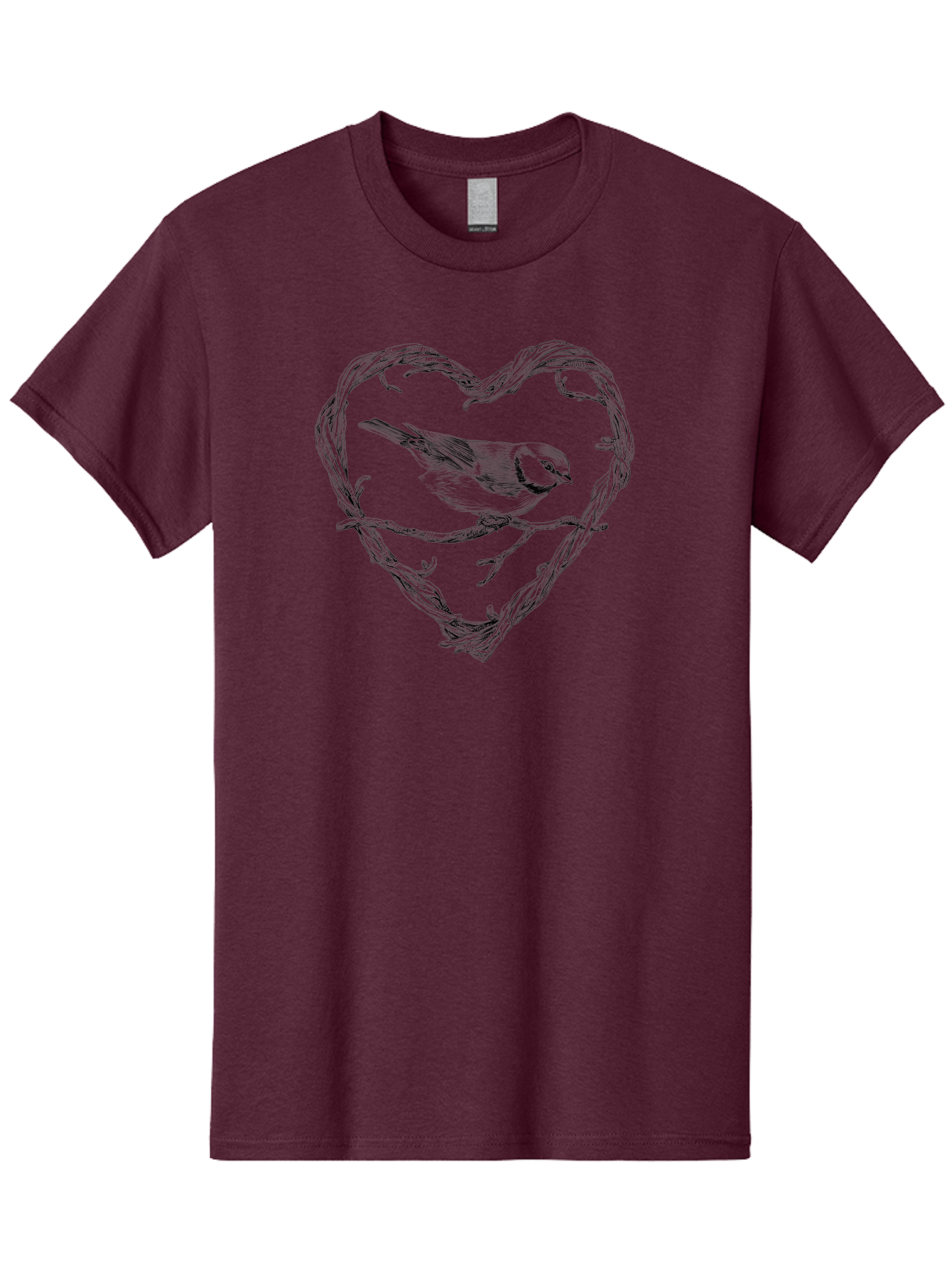 Bird-In-Heart Men'S Graphic Tee, 100% Cotton, Comfortable Casual Summer Wear, Machine Washable, Bird On Branch, Heart-Shaped Frame, Twigs And Leaves, Black And White Illustration, Bird Watching, Wildlife Art, Symbolic Heart, Love For Nature Aac252