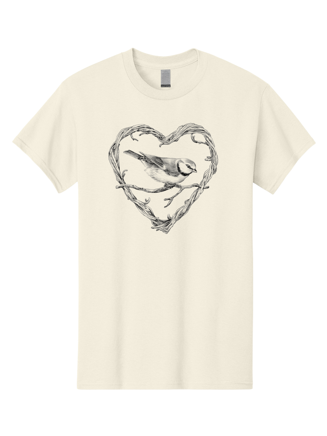 Bird-In-Heart Men'S Graphic Tee, 100% Cotton, Comfortable Casual Summer Wear, Machine Washable, Bird On Branch, Heart-Shaped Frame, Twigs And Leaves, Black And White Illustration, Bird Watching, Wildlife Art, Symbolic Heart, Love For Nature Aac252