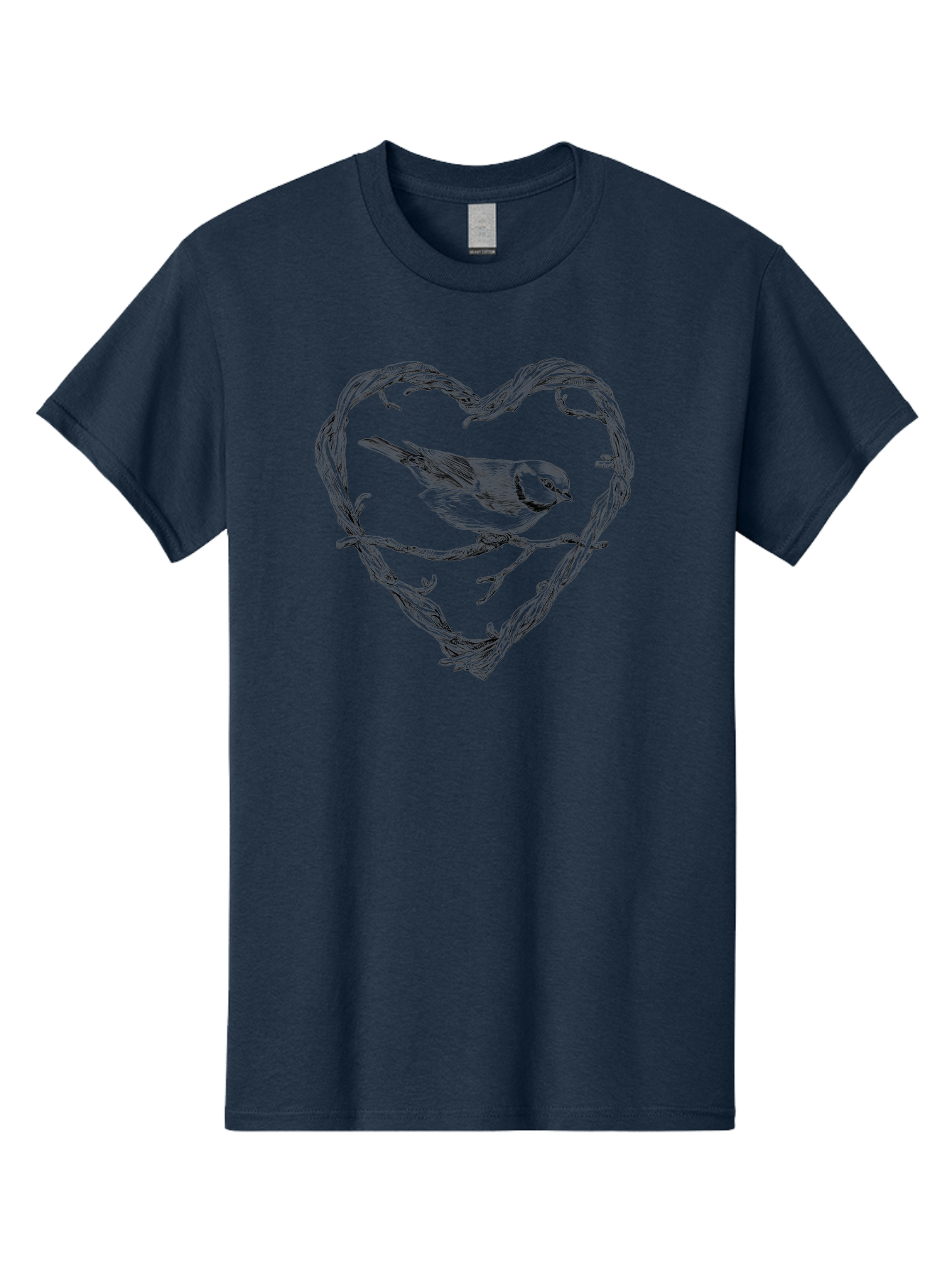 Bird-In-Heart Men'S Graphic Tee, 100% Cotton, Comfortable Casual Summer Wear, Machine Washable, Bird On Branch, Heart-Shaped Frame, Twigs And Leaves, Black And White Illustration, Bird Watching, Wildlife Art, Symbolic Heart, Love For Nature Aac252
