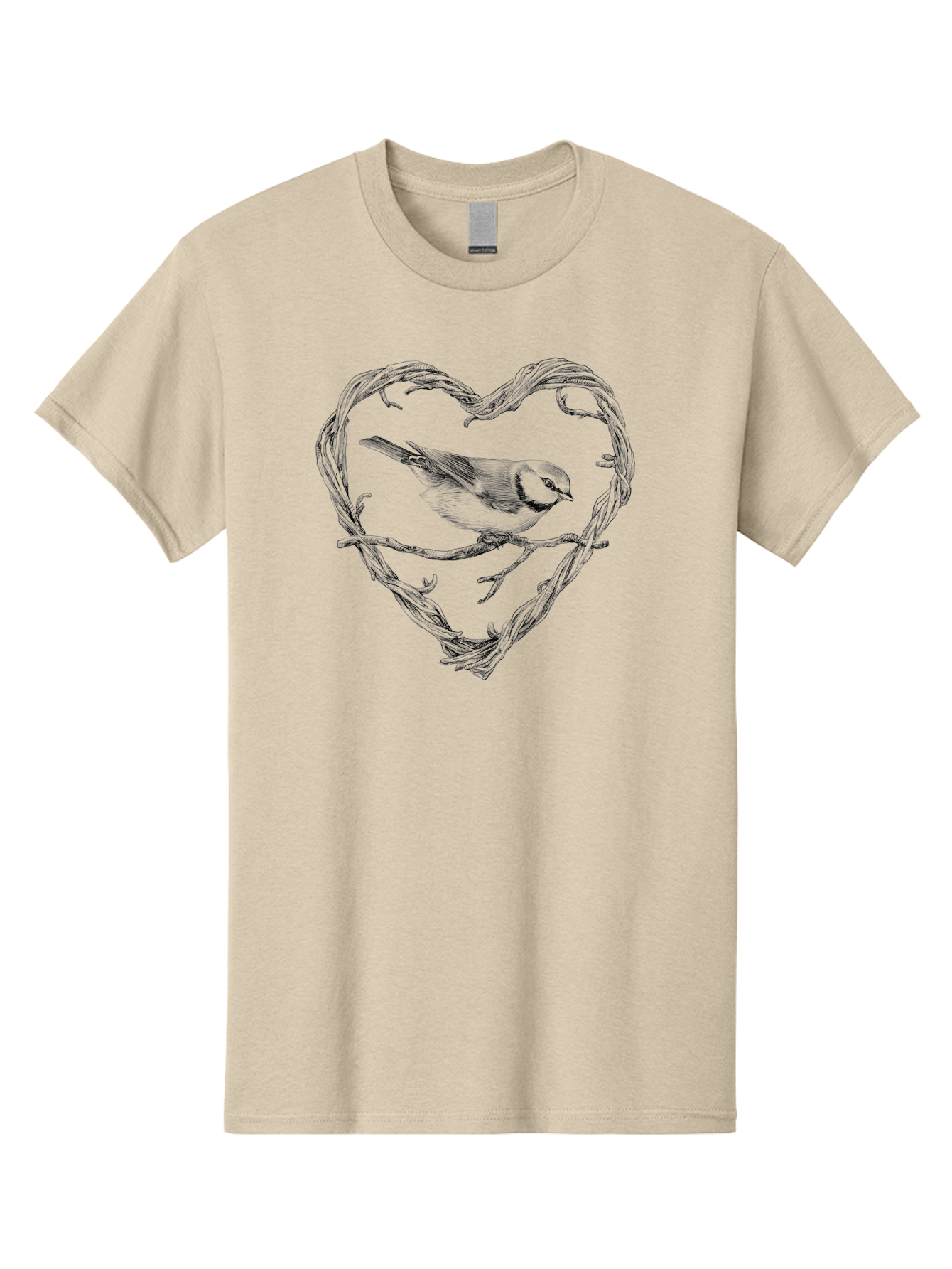 Bird-In-Heart Men'S Graphic Tee, 100% Cotton, Comfortable Casual Summer Wear, Machine Washable, Bird On Branch, Heart-Shaped Frame, Twigs And Leaves, Black And White Illustration, Bird Watching, Wildlife Art, Symbolic Heart, Love For Nature Aac252