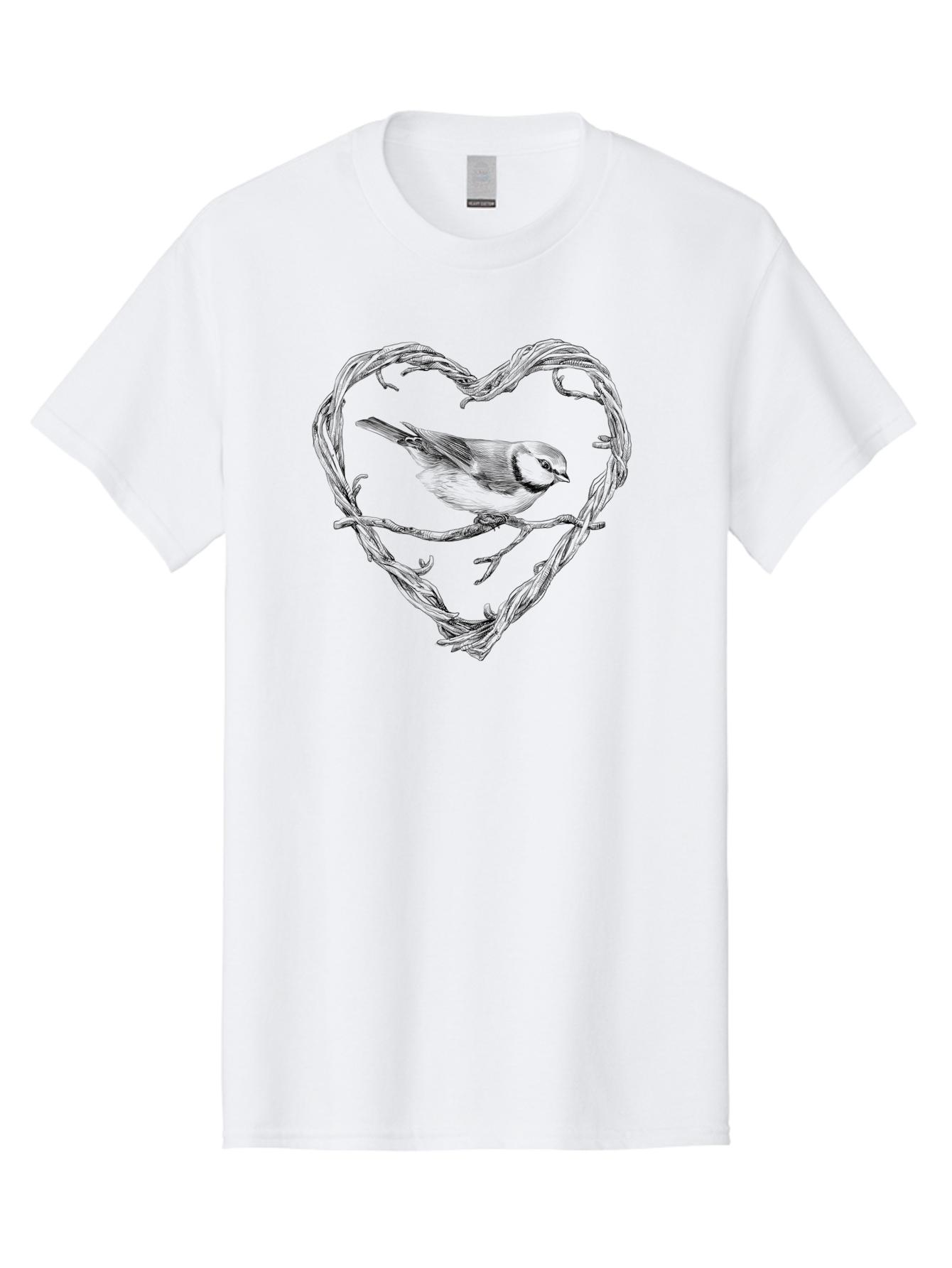 Bird-In-Heart Men'S Graphic Tee, 100% Cotton, Comfortable Casual Summer Wear, Machine Washable, Bird On Branch, Heart-Shaped Frame, Twigs And Leaves, Black And White Illustration, Bird Watching, Wildlife Art, Symbolic Heart, Love For Nature Aac252