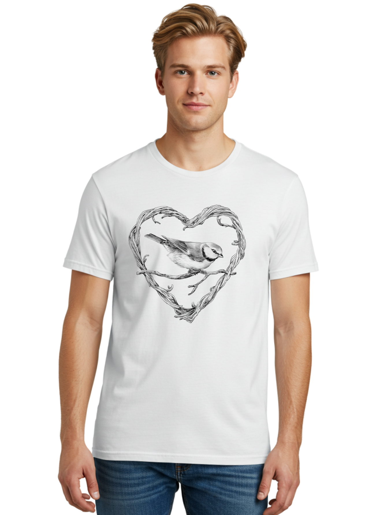 Bird-In-Heart Men'S Graphic Tee, 100% Cotton, Comfortable Casual Summer Wear, Machine Washable, Bird On Branch, Heart-Shaped Frame, Twigs And Leaves, Black And White Illustration, Bird Watching, Wildlife Art, Symbolic Heart, Love For Nature Aac252
