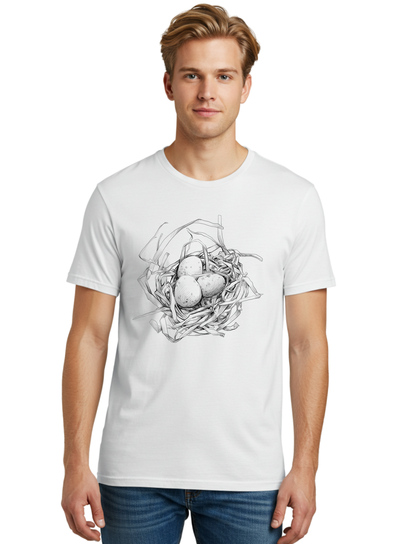 Bird-S-Nest Men'S Graphic Tee, 100% Cotton, Comfortable Casual Summer Wear, Machine Washable, Bird'S Nest, Eggs, Wildlife, Natural Habitat, Birdwatching, Nesting Season, Serene Atmosphere, Delicate Illustration Aac253