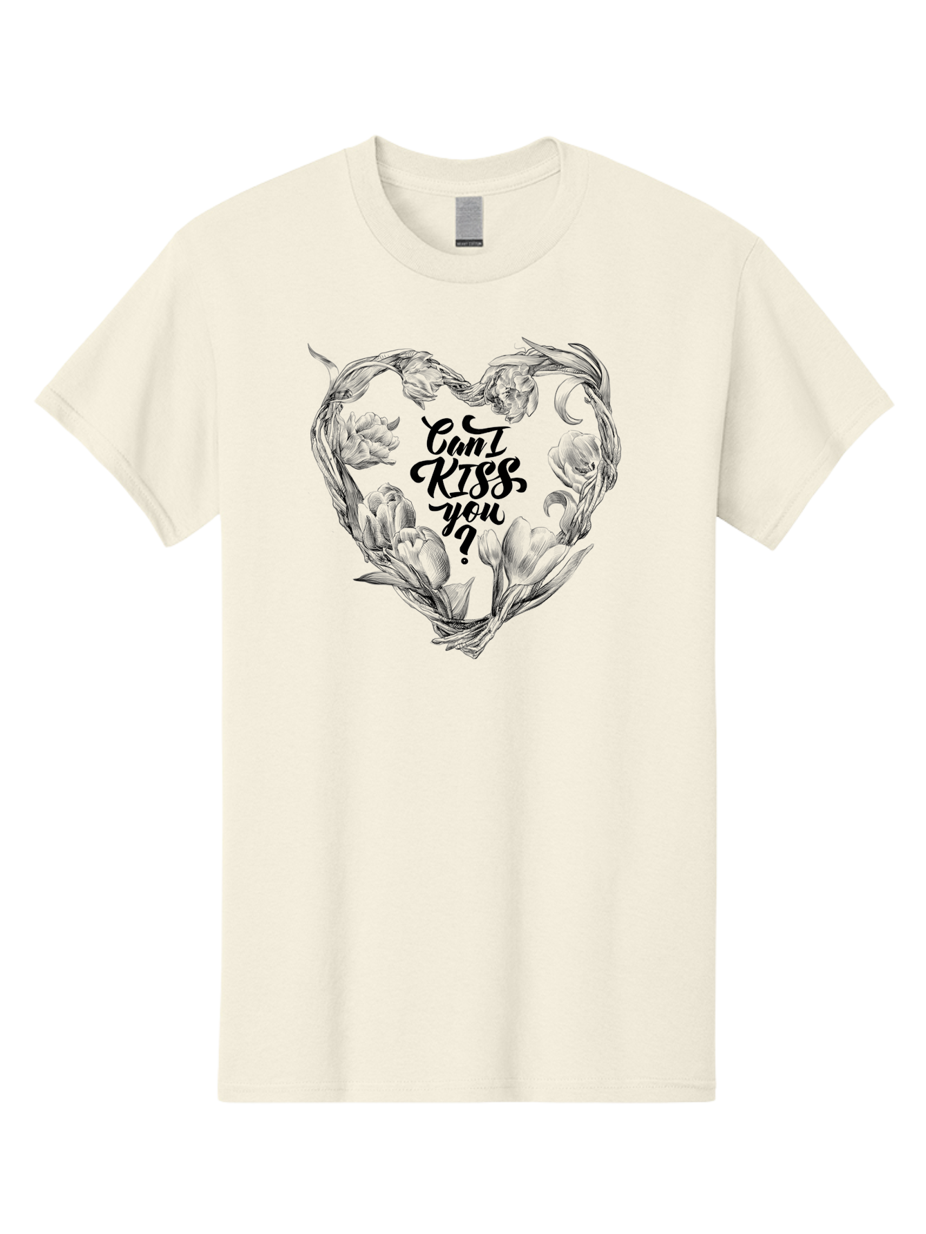 Cant-Kiss-You Men'S Graphic Tee, 100% Cotton, Comfortable Casual Summer Wear, Machine Washable, Romantic Illustration, Floral Heart, Love Quote, Elegant Typography, Flowers, Heart Shape, Valentines Day Aac254
