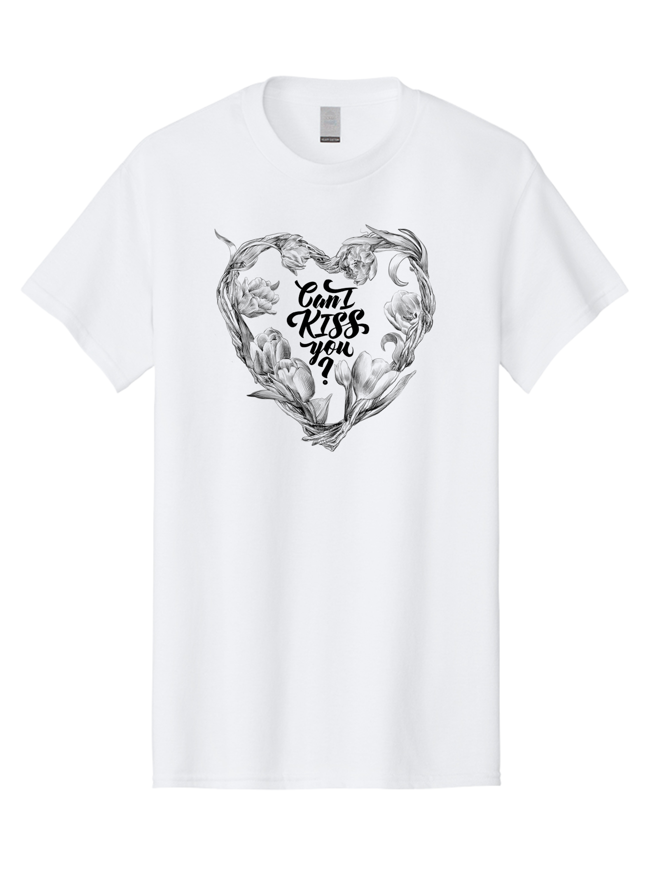 Cant-Kiss-You Men'S Graphic Tee, 100% Cotton, Comfortable Casual Summer Wear, Machine Washable, Romantic Illustration, Floral Heart, Love Quote, Elegant Typography, Flowers, Heart Shape, Valentines Day Aac254