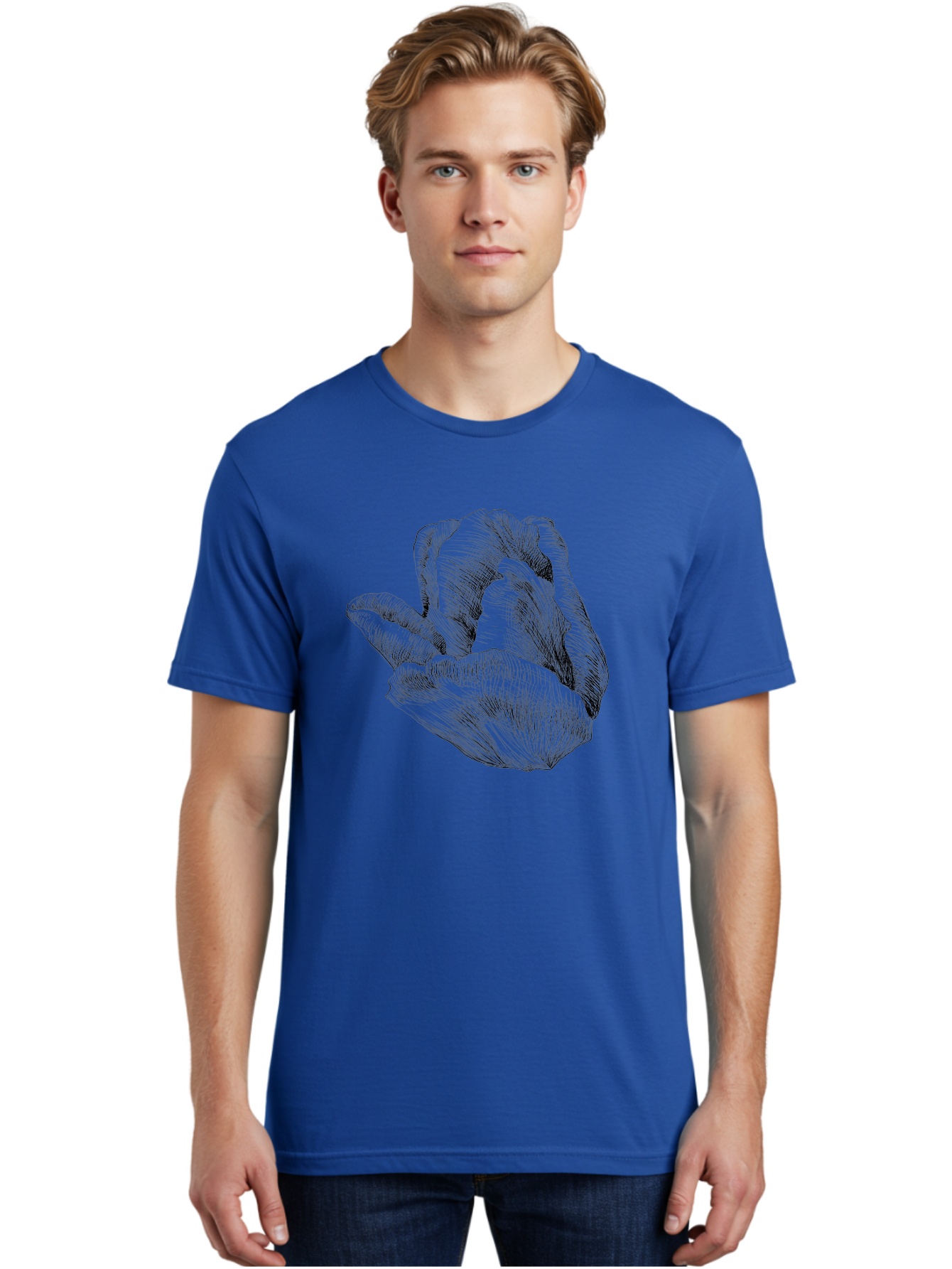 Hand-Gesture Men'S Graphic Tee, 100% Cotton, Comfortable Casual Summer Wear, Machine Washable, Hand Holding Flower, Floral Design, Botanical Art, Illustration, Sketch, Black Lines, Leafy Greens, Delicate Petals, Artistic Expression, Aac257