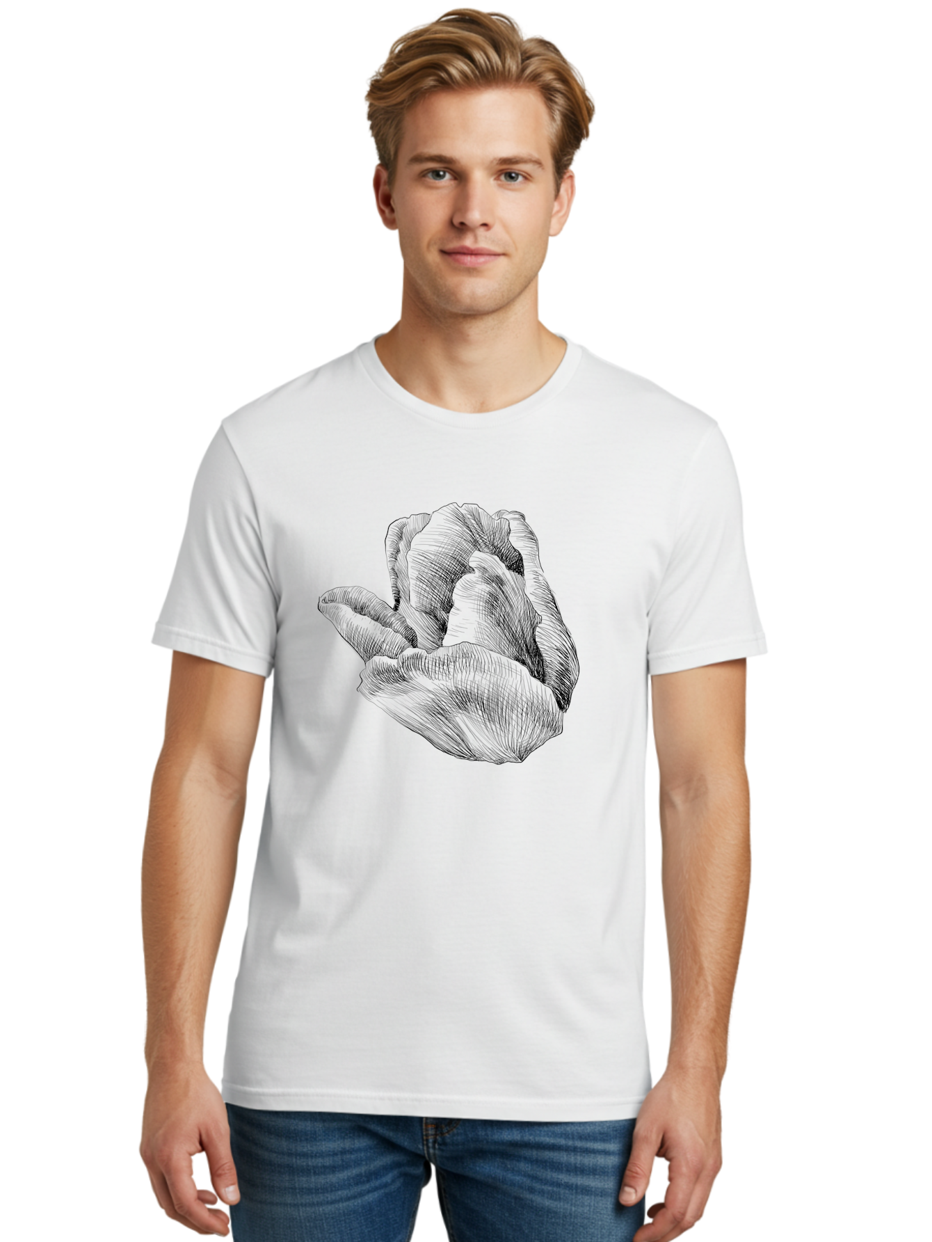Hand-Gesture Men'S Graphic Tee, 100% Cotton, Comfortable Casual Summer Wear, Machine Washable, Hand Holding Flower, Floral Design, Botanical Art, Illustration, Sketch, Black Lines, Leafy Greens, Delicate Petals, Artistic Expression, Aac257
