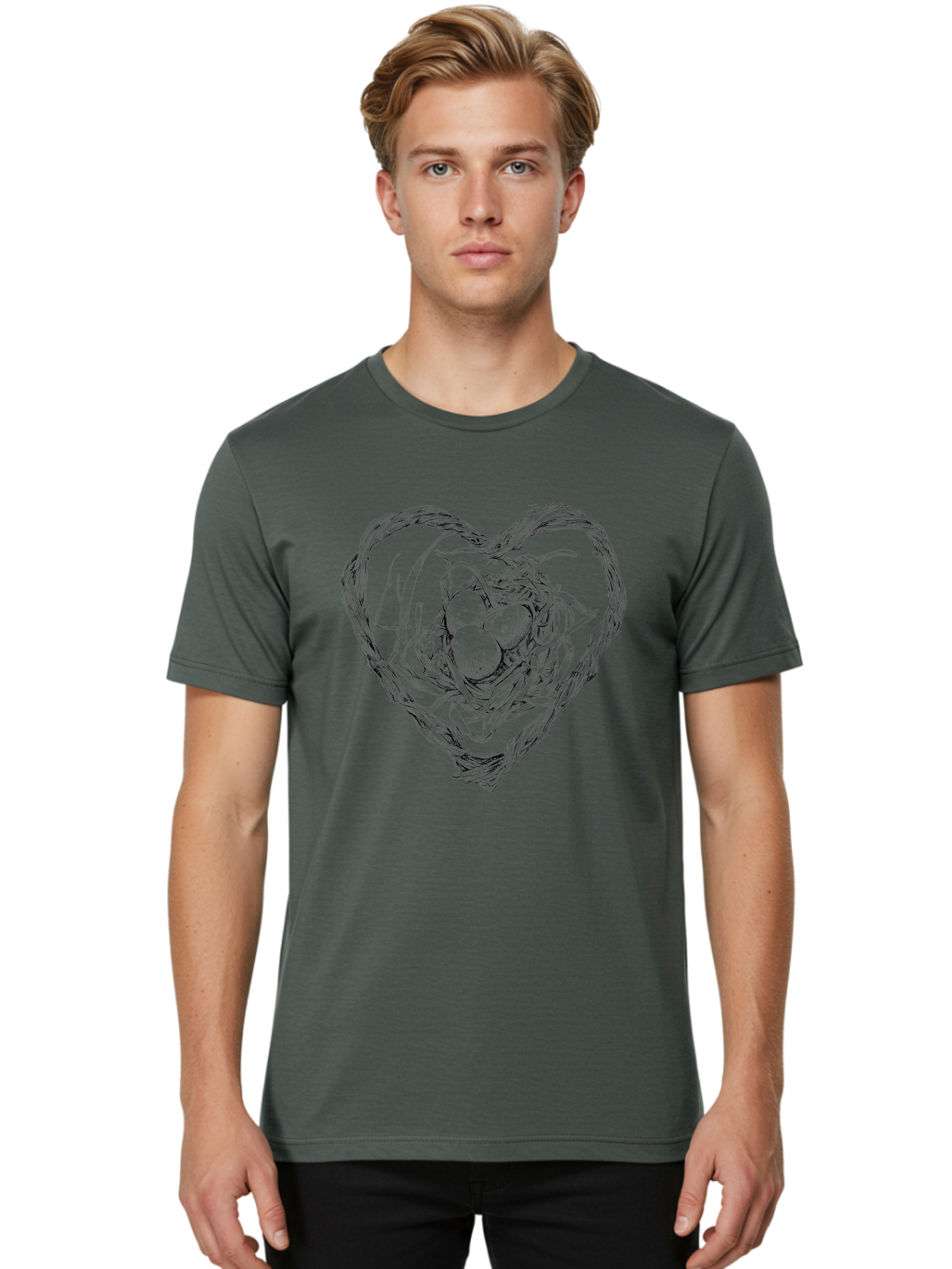 Heart-Shaped-Nest-With-Eggs Men'S Graphic Tee, 100% Cotton, Comfortable Casual Summer Wear, Machine Washable, Heart Shaped Bird Nest, Three Eggs, Twigs And Leaves, Love Symbol, Nature Illustration, Bird'S Nest, Easter Eggs, Spring Theme, Aac259