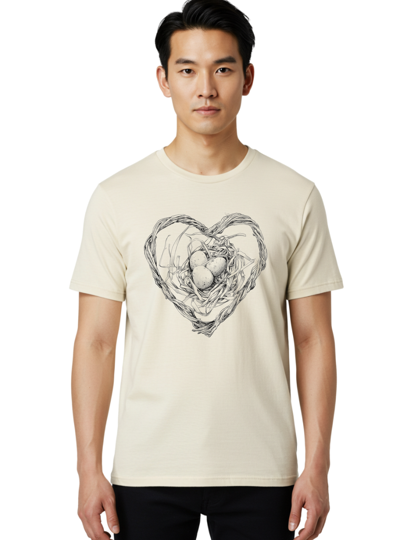 Heart-Shaped-Nest-With-Eggs Men'S Graphic Tee, 100% Cotton, Comfortable Casual Summer Wear, Machine Washable, Heart Shaped Bird Nest, Three Eggs, Twigs And Leaves, Love Symbol, Nature Illustration, Bird'S Nest, Easter Eggs, Spring Theme, Aac259