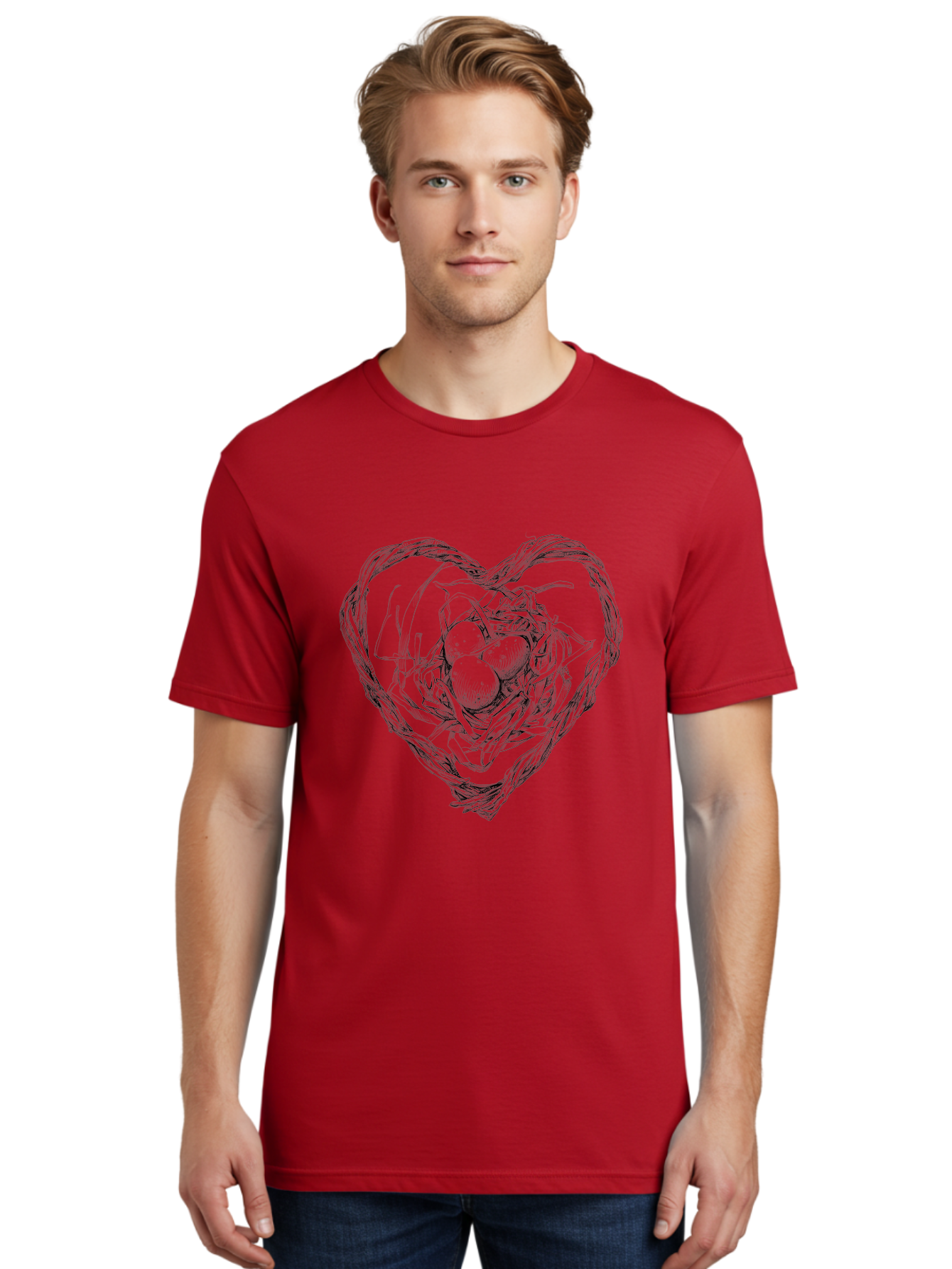 Heart-Shaped-Nest-With-Eggs Men'S Graphic Tee, 100% Cotton, Comfortable Casual Summer Wear, Machine Washable, Heart Shaped Bird Nest, Three Eggs, Twigs And Leaves, Love Symbol, Nature Illustration, Bird'S Nest, Easter Eggs, Spring Theme, Aac259