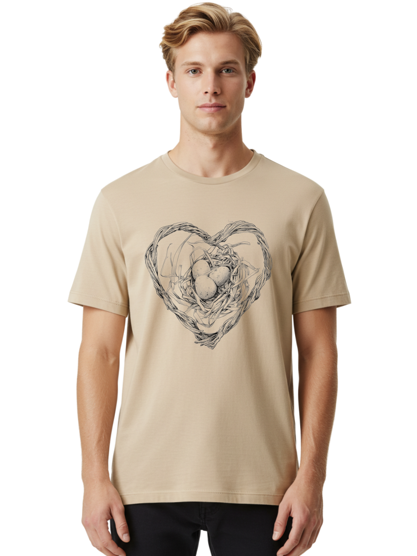 Heart-Shaped-Nest-With-Eggs Men'S Graphic Tee, 100% Cotton, Comfortable Casual Summer Wear, Machine Washable, Heart Shaped Bird Nest, Three Eggs, Twigs And Leaves, Love Symbol, Nature Illustration, Bird'S Nest, Easter Eggs, Spring Theme, Aac259