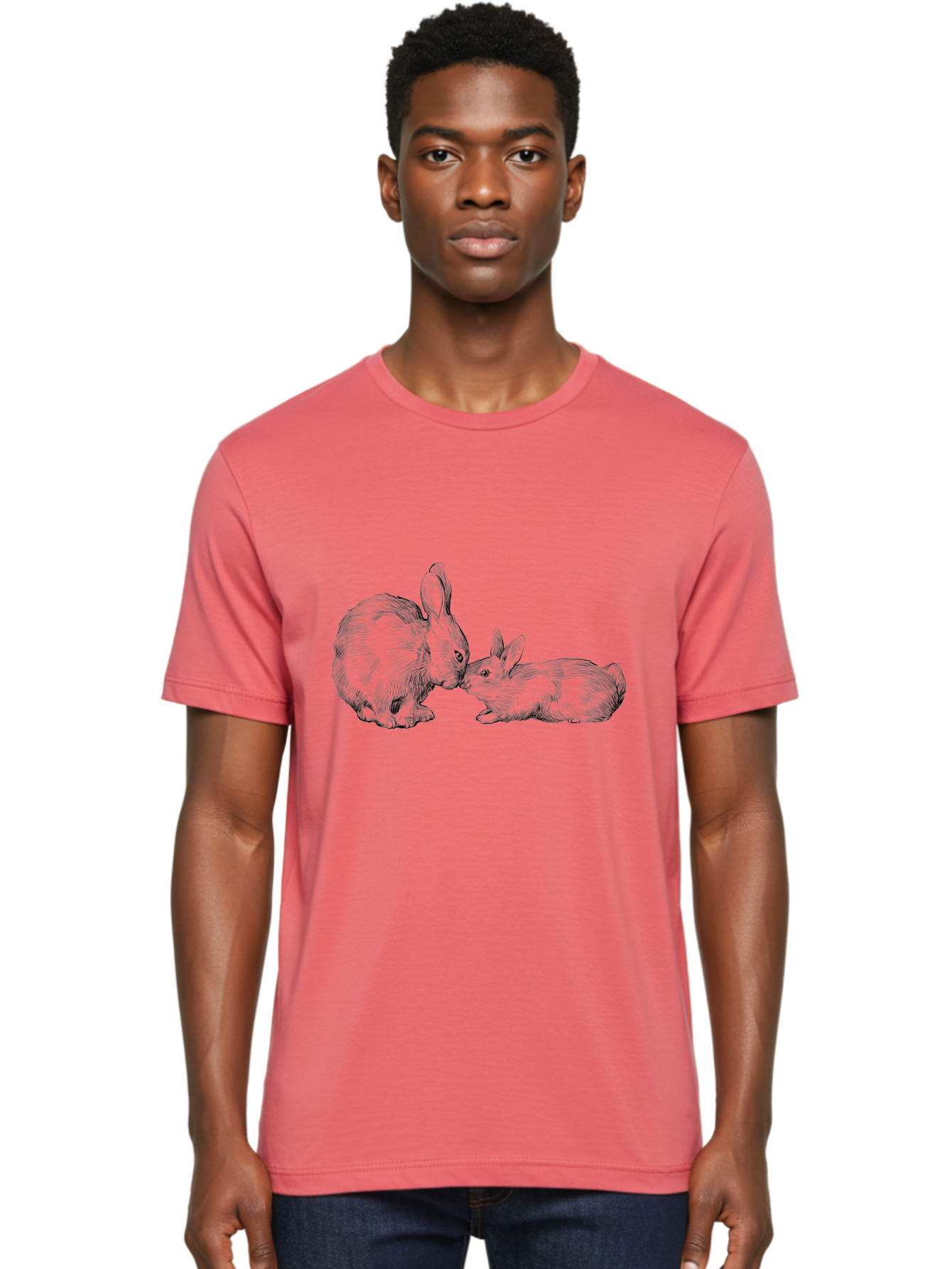 Mother-Rabbit-And-Baby Men'S Graphic Tee, 100% Cotton, Comfortable Casual Summer Wear, Machine Washable, Mother Rabbit And Baby Rabbit, Adorable Illustration, Cute Bunny, Tender Moment, Rabbit Love, Easter Theme, Furry Friends, Animal Bonding Aac260