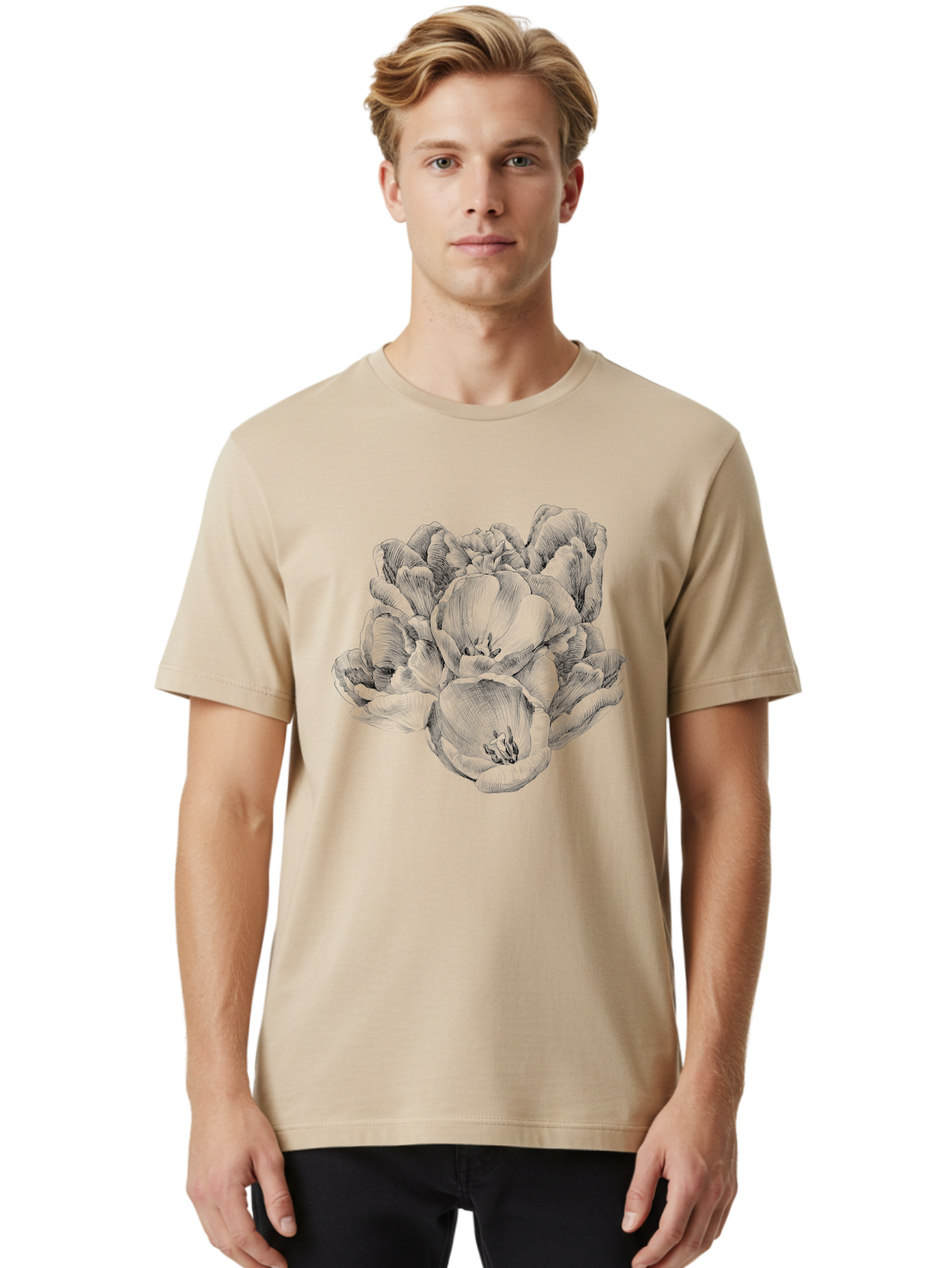 Peony-Flower Men'S Graphic Tee, 100% Cotton, Comfortable Casual Summer Wear, Machine Washable, Detailed Line Drawing, Floral Design, Lush Petals, Botanical Art, Elegant Flowers, Intricate Details, Sketch Style, Flower Illustration Aac261