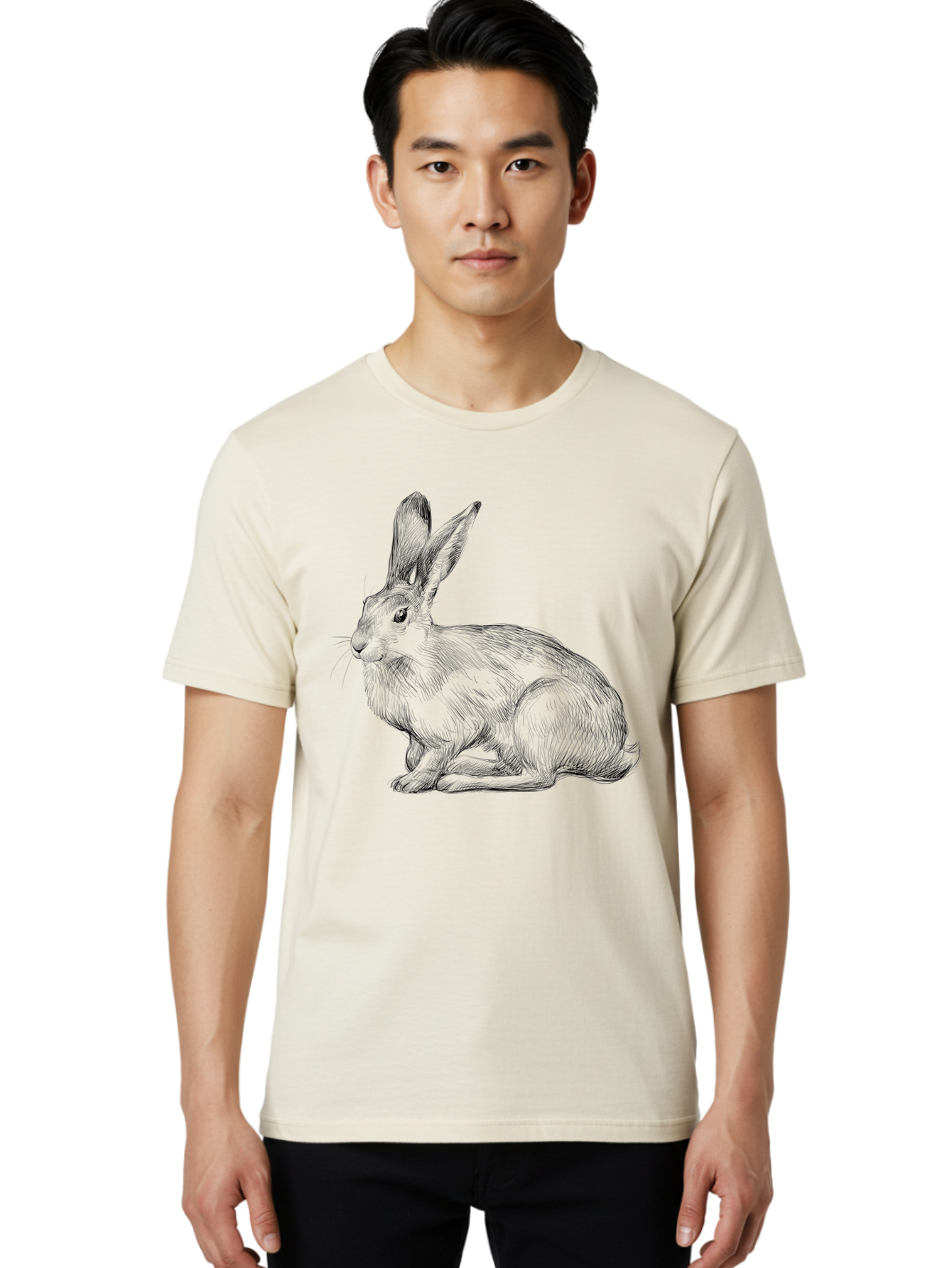 Rabbit-1 Men'S Graphic Tee, 100% Cotton, Comfortable Casual Summer Wear, Machine Washable, Detailed Sketch Of A Rabbit, Realistic Illustration, Wildlife Artwork, Intricate Linework, Cute Animal Design, Rabbit Portrait, Artistic Rendering Aac263