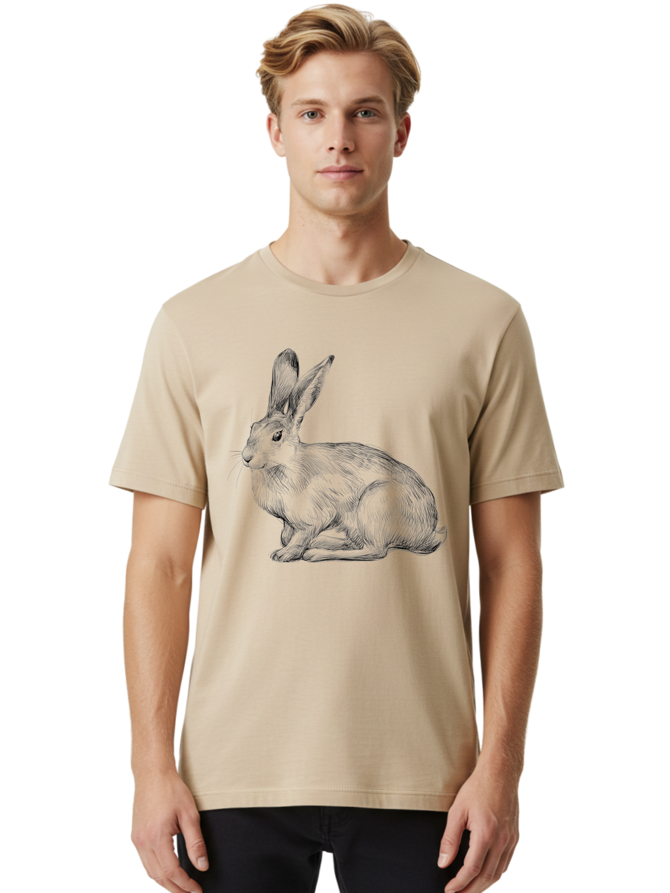 Rabbit-1 Men'S Graphic Tee, 100% Cotton, Comfortable Casual Summer Wear, Machine Washable, Detailed Sketch Of A Rabbit, Realistic Illustration, Wildlife Artwork, Intricate Linework, Cute Animal Design, Rabbit Portrait, Artistic Rendering Aac263
