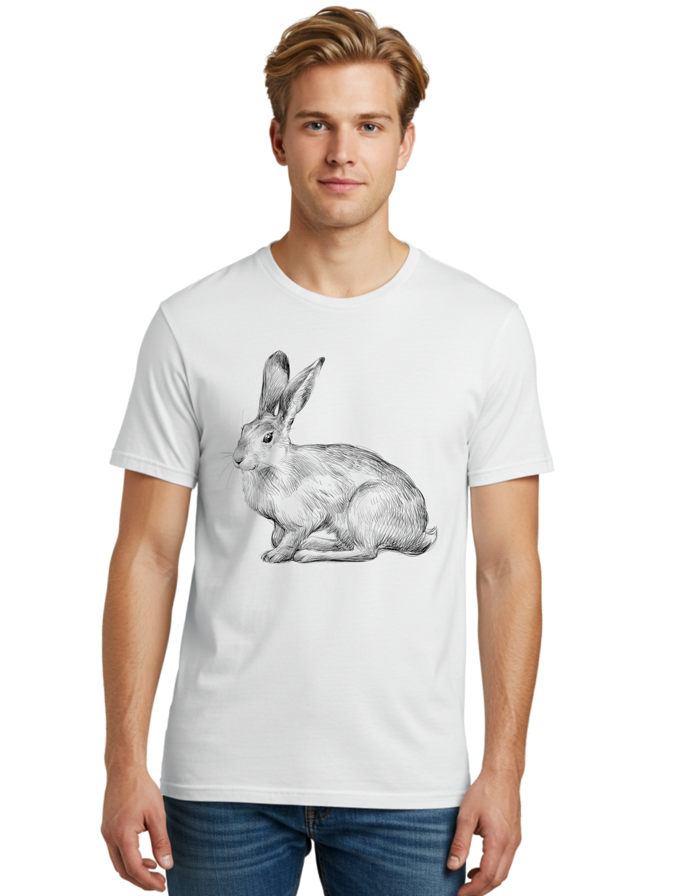 Rabbit-1 Men'S Graphic Tee, 100% Cotton, Comfortable Casual Summer Wear, Machine Washable, Detailed Sketch Of A Rabbit, Realistic Illustration, Wildlife Artwork, Intricate Linework, Cute Animal Design, Rabbit Portrait, Artistic Rendering Aac263