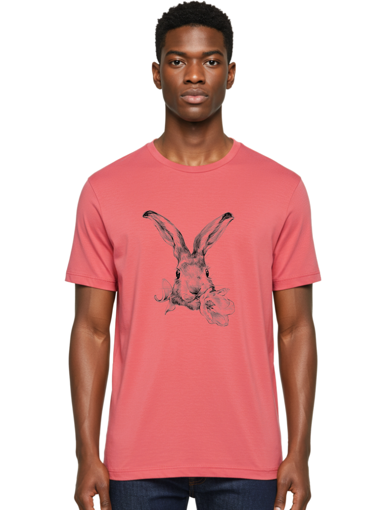 Rabbit-Eating-Flower Men'S Graphic Tee, 100% Cotton, Comfortable Casual Summer Wear, Machine Washable, Rabbit With Long Ears, Floral Theme, Whimsical Art, Spring Design, Cute Bunny, Flower Eater, Detailed Illustration, Rabbit Portrait, Aac264