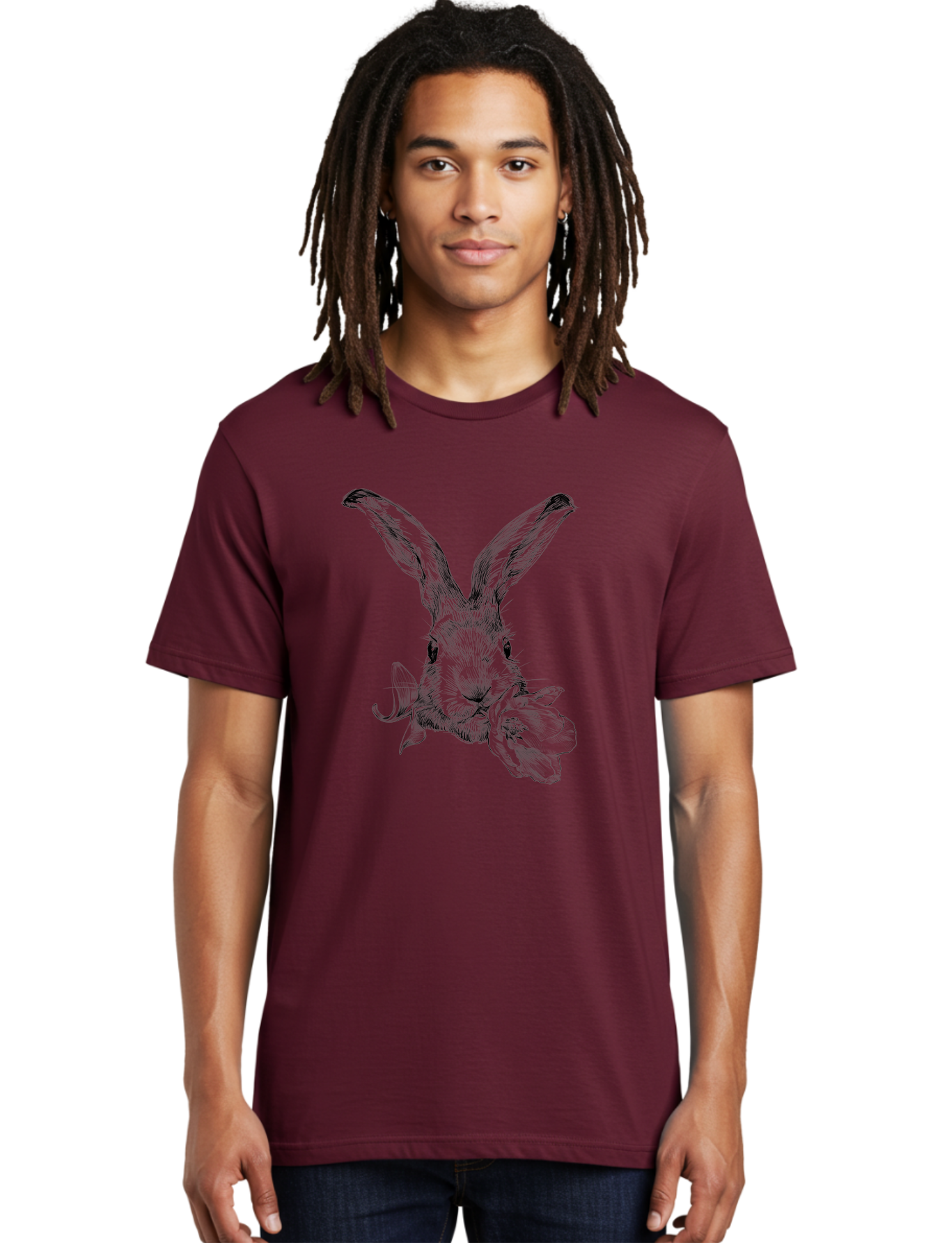 Rabbit-Eating-Flower Men'S Graphic Tee, 100% Cotton, Comfortable Casual Summer Wear, Machine Washable, Rabbit With Long Ears, Floral Theme, Whimsical Art, Spring Design, Cute Bunny, Flower Eater, Detailed Illustration, Rabbit Portrait, Aac264