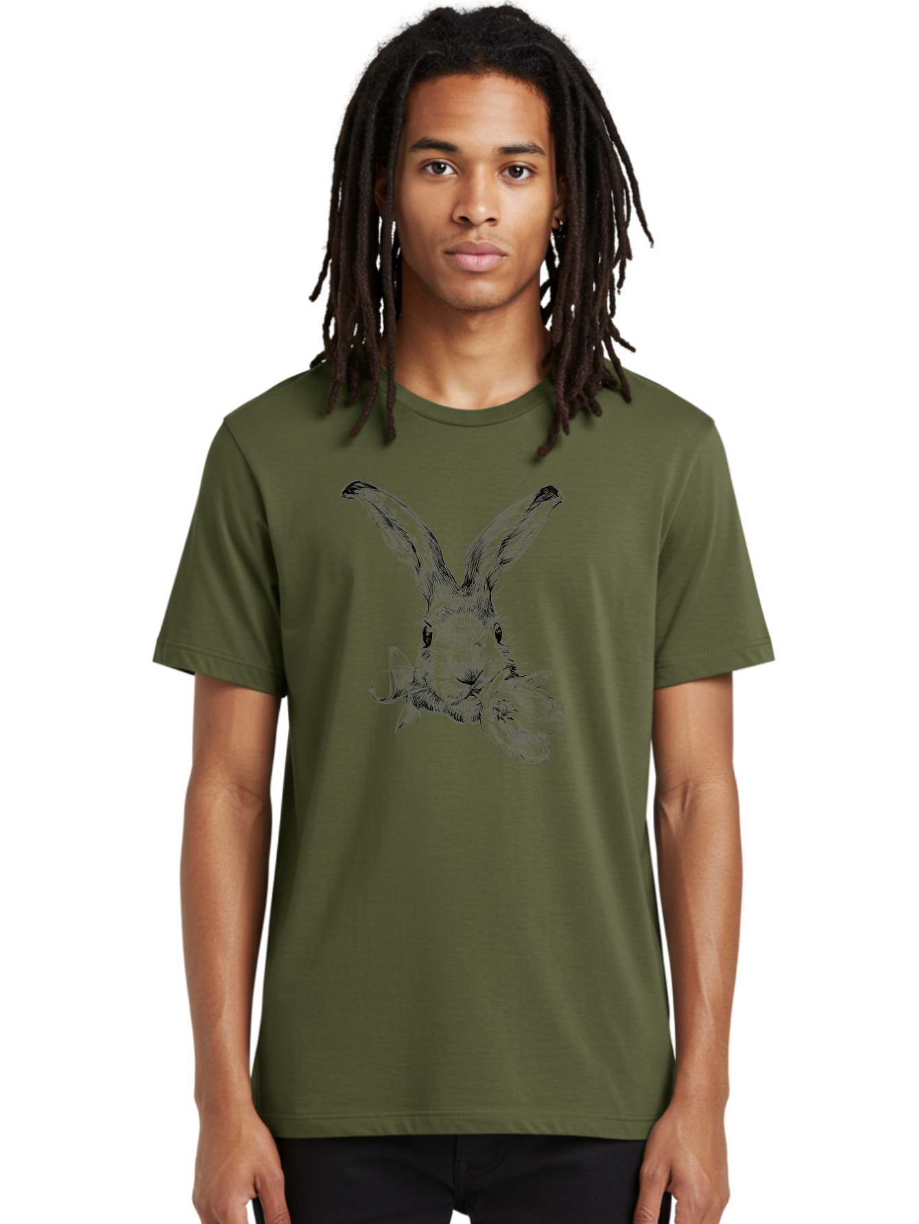 Rabbit-Eating-Flower Men'S Graphic Tee, 100% Cotton, Comfortable Casual Summer Wear, Machine Washable, Rabbit With Long Ears, Floral Theme, Whimsical Art, Spring Design, Cute Bunny, Flower Eater, Detailed Illustration, Rabbit Portrait, Aac264