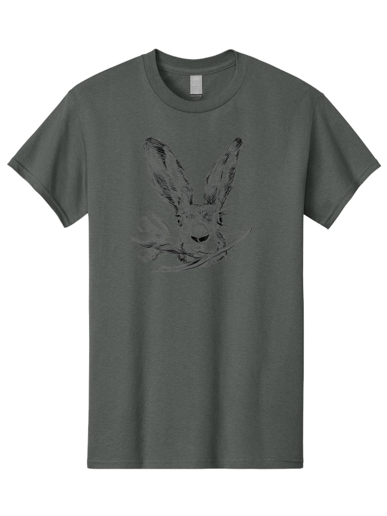 Rabbit-Head-With-Tulip Men'S Graphic Tee, 100% Cotton, Comfortable Casual Summer Wear, Machine Washable, Rabbit Holding Tulip, Pencil Sketch, Realistic Drawing, Detailed Artwork, Floral Theme, Spring Inspiration, Delicate Lines, Aac265