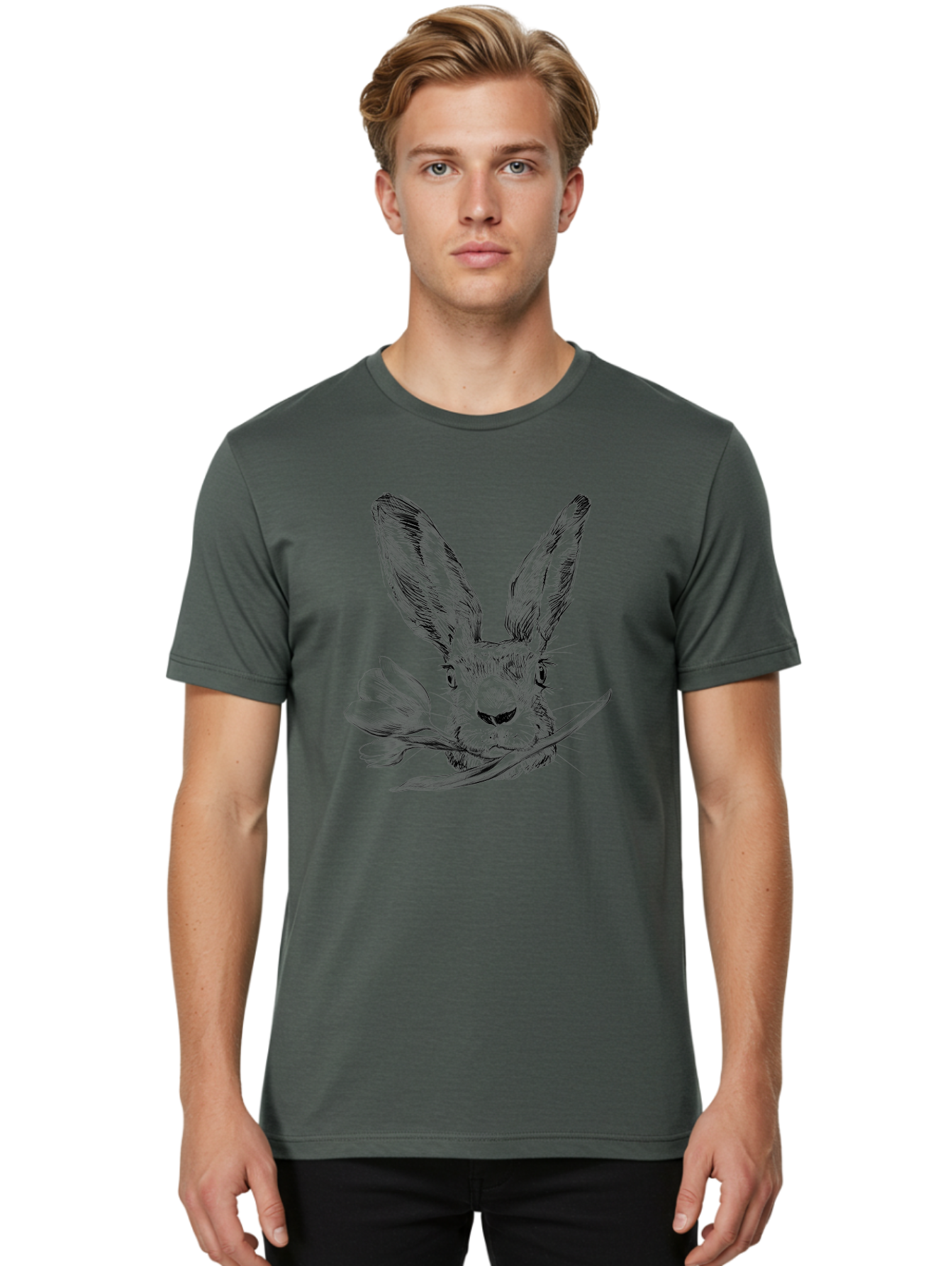 Rabbit-Head-With-Tulip Men'S Graphic Tee, 100% Cotton, Comfortable Casual Summer Wear, Machine Washable, Rabbit Holding Tulip, Pencil Sketch, Realistic Drawing, Detailed Artwork, Floral Theme, Spring Inspiration, Delicate Lines, Aac265