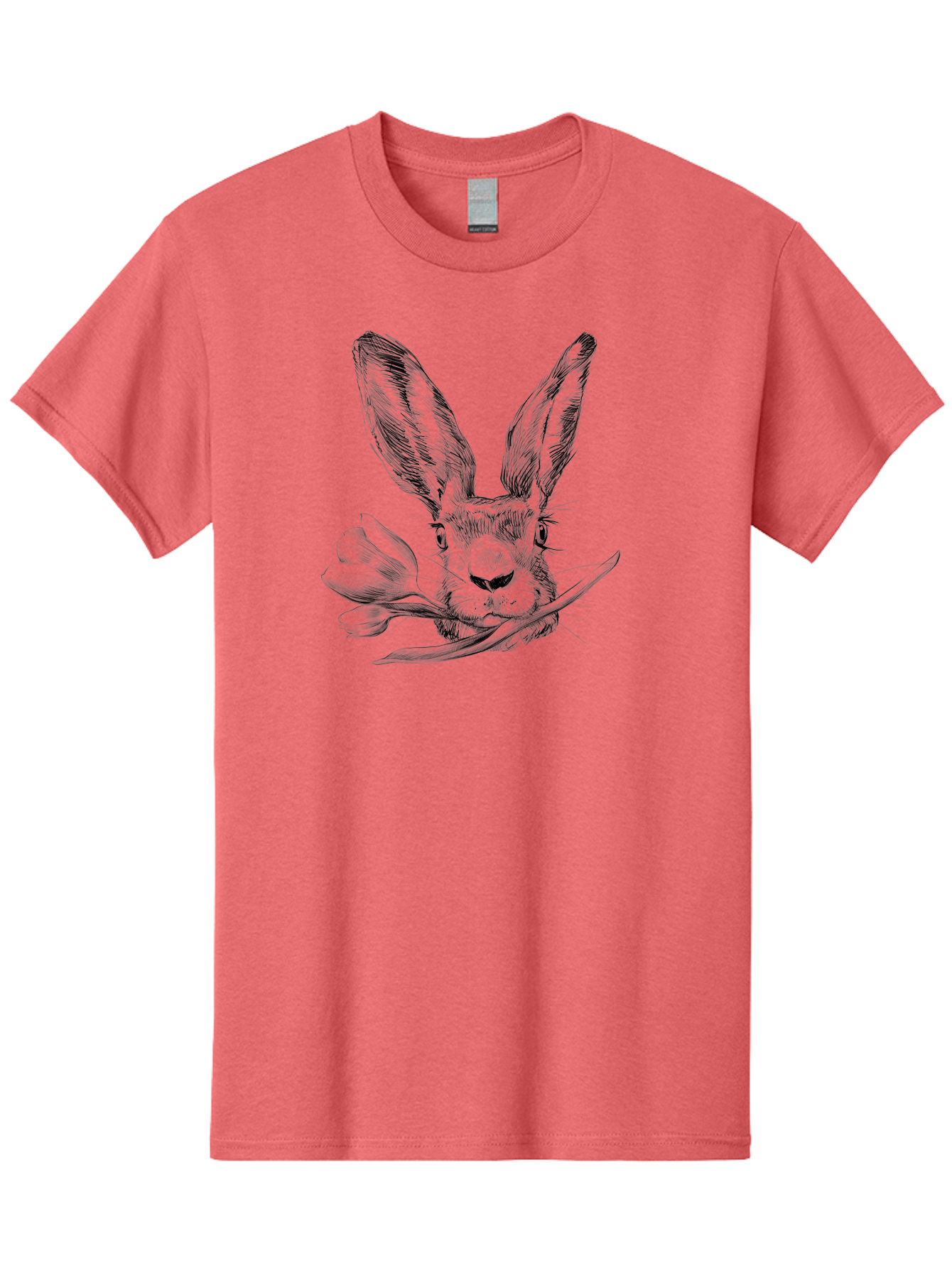 Rabbit-Head-With-Tulip Men'S Graphic Tee, 100% Cotton, Comfortable Casual Summer Wear, Machine Washable, Rabbit Holding Tulip, Pencil Sketch, Realistic Drawing, Detailed Artwork, Floral Theme, Spring Inspiration, Delicate Lines, Aac265