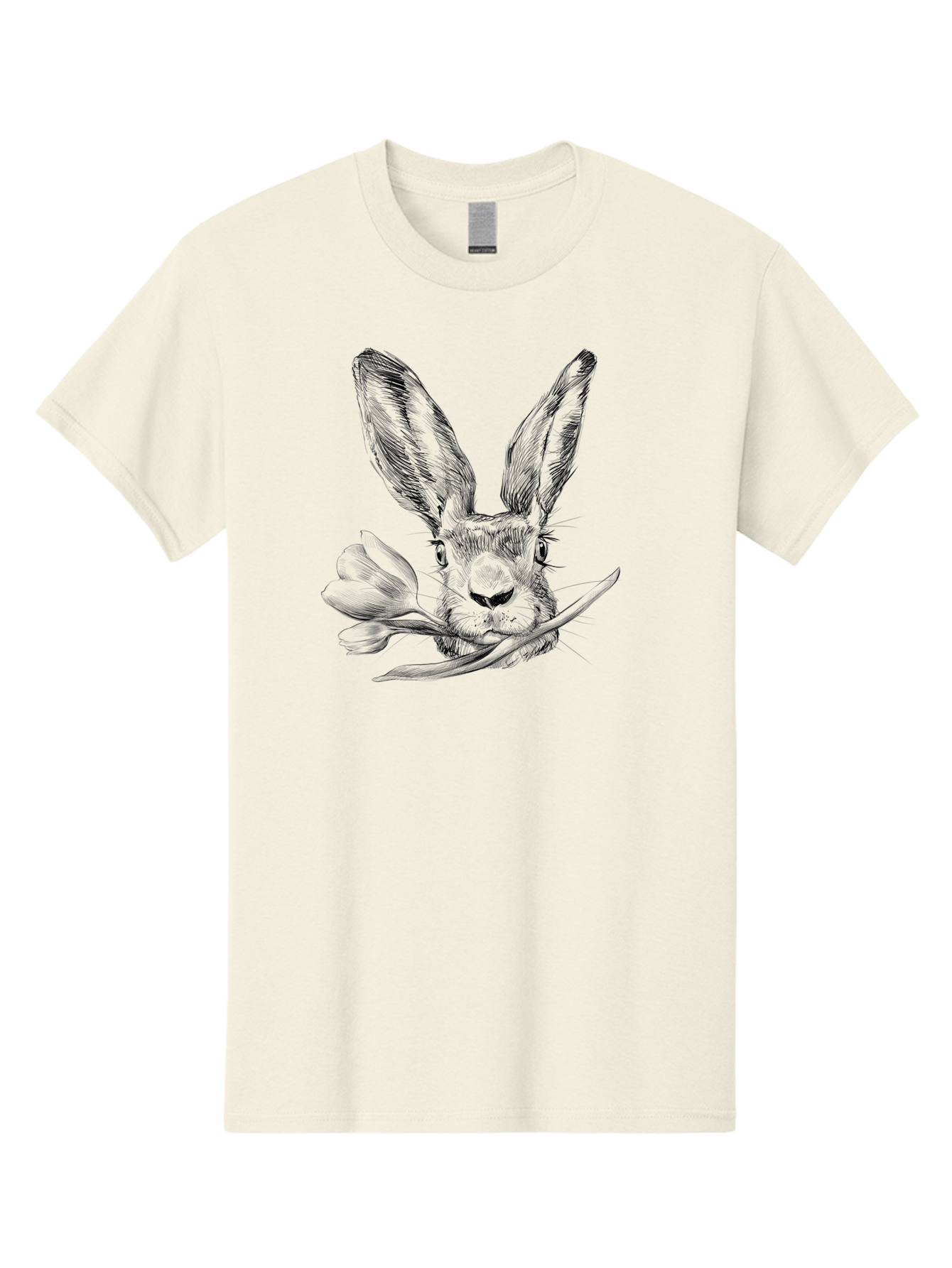 Rabbit-Head-With-Tulip Men'S Graphic Tee, 100% Cotton, Comfortable Casual Summer Wear, Machine Washable, Rabbit Holding Tulip, Pencil Sketch, Realistic Drawing, Detailed Artwork, Floral Theme, Spring Inspiration, Delicate Lines, Aac265