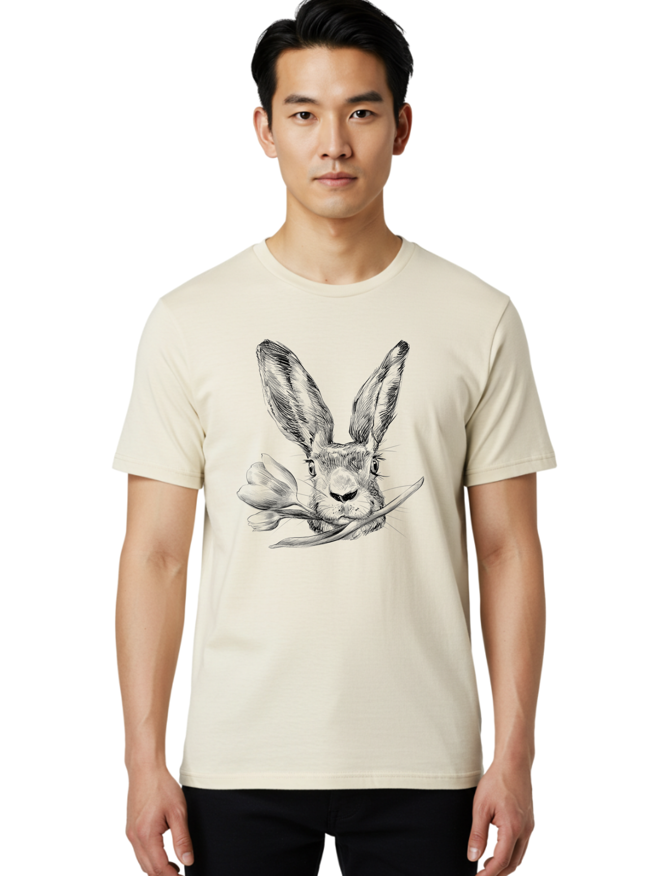 Rabbit-Head-With-Tulip Men'S Graphic Tee, 100% Cotton, Comfortable Casual Summer Wear, Machine Washable, Rabbit Holding Tulip, Pencil Sketch, Realistic Drawing, Detailed Artwork, Floral Theme, Spring Inspiration, Delicate Lines, Aac265