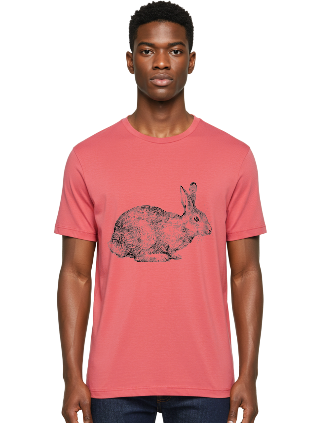 Rabbit-Illustration Men'S Graphic Tee, 100% Cotton, Comfortable Casual Summer Wear, Machine Washable, Detailed Illustration, Rabbit Art, Wildlife Graphics, Nature-Inspired Designs, Furry Creature, Sketch Style, Cute Animal, Whimsical Charm Aac266