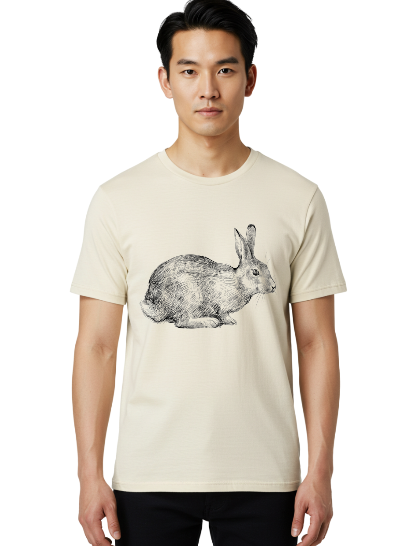 Rabbit-Illustration Men'S Graphic Tee, 100% Cotton, Comfortable Casual Summer Wear, Machine Washable, Detailed Illustration, Rabbit Art, Wildlife Graphics, Nature-Inspired Designs, Furry Creature, Sketch Style, Cute Animal, Whimsical Charm Aac266