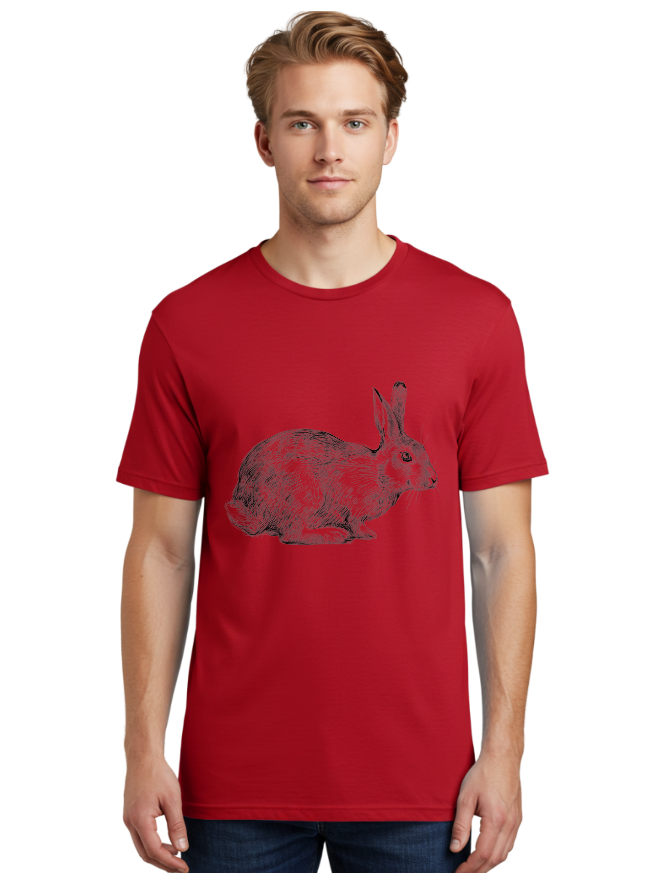 Rabbit-Illustration Men'S Graphic Tee, 100% Cotton, Comfortable Casual Summer Wear, Machine Washable, Detailed Illustration, Rabbit Art, Wildlife Graphics, Nature-Inspired Designs, Furry Creature, Sketch Style, Cute Animal, Whimsical Charm Aac266