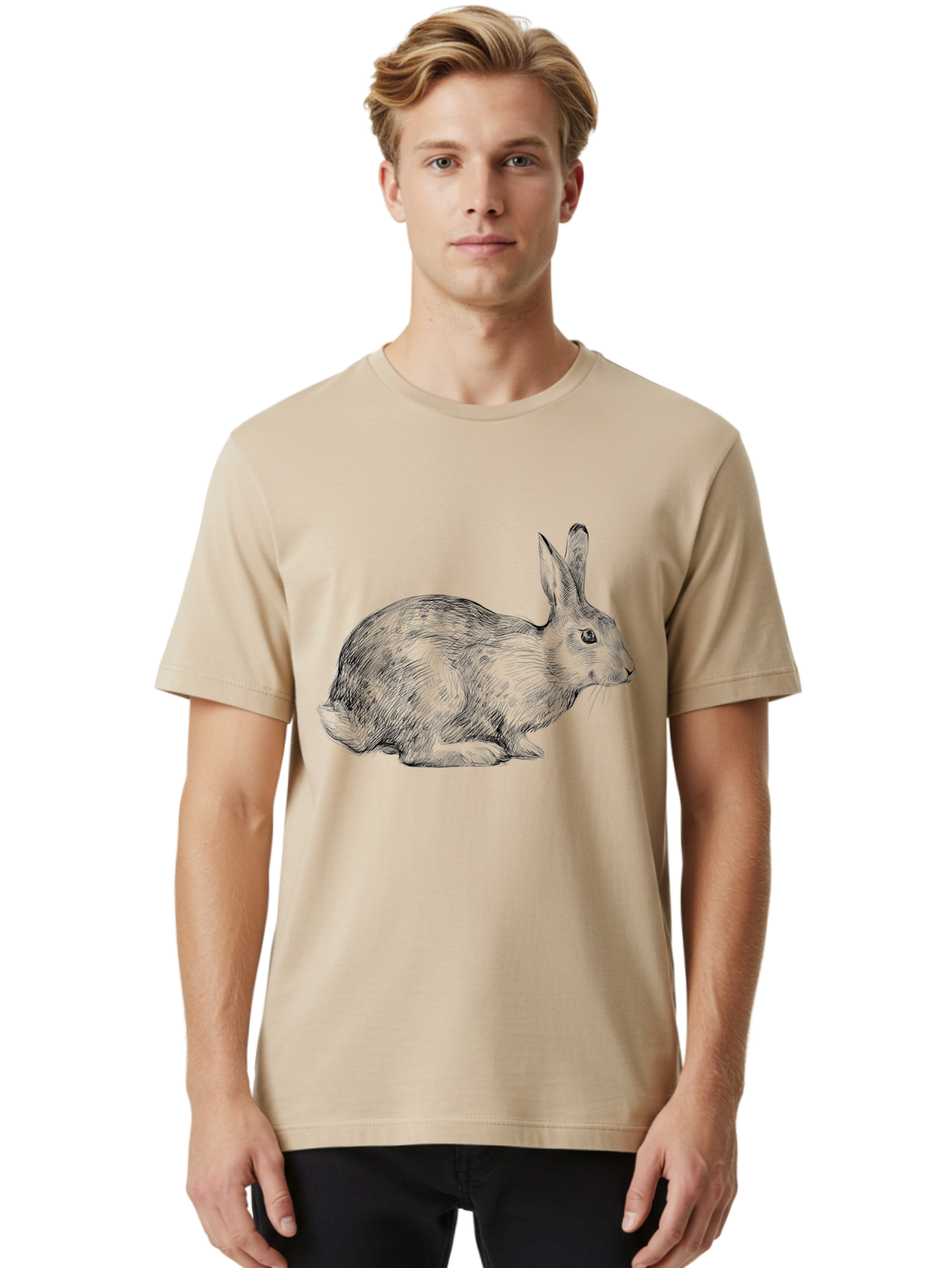 Rabbit-Illustration Men'S Graphic Tee, 100% Cotton, Comfortable Casual Summer Wear, Machine Washable, Detailed Illustration, Rabbit Art, Wildlife Graphics, Nature-Inspired Designs, Furry Creature, Sketch Style, Cute Animal, Whimsical Charm Aac266