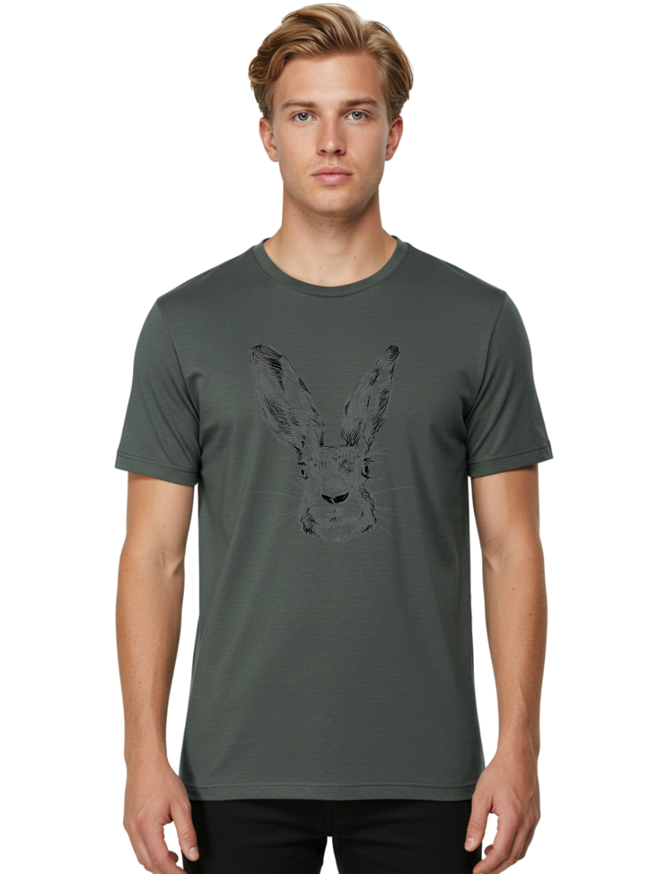 Rabbit-Sketch Men'S Graphic Tee, 100% Cotton, Comfortable Casual Summer Wear, Machine Washable, Rabbit Portrait, Detailed Illustration, Black And White Artwork, Long Ears, Whiskers, Wild Rabbit, Nature-Inspired Design, Sketch Style, Animal Art Aac267