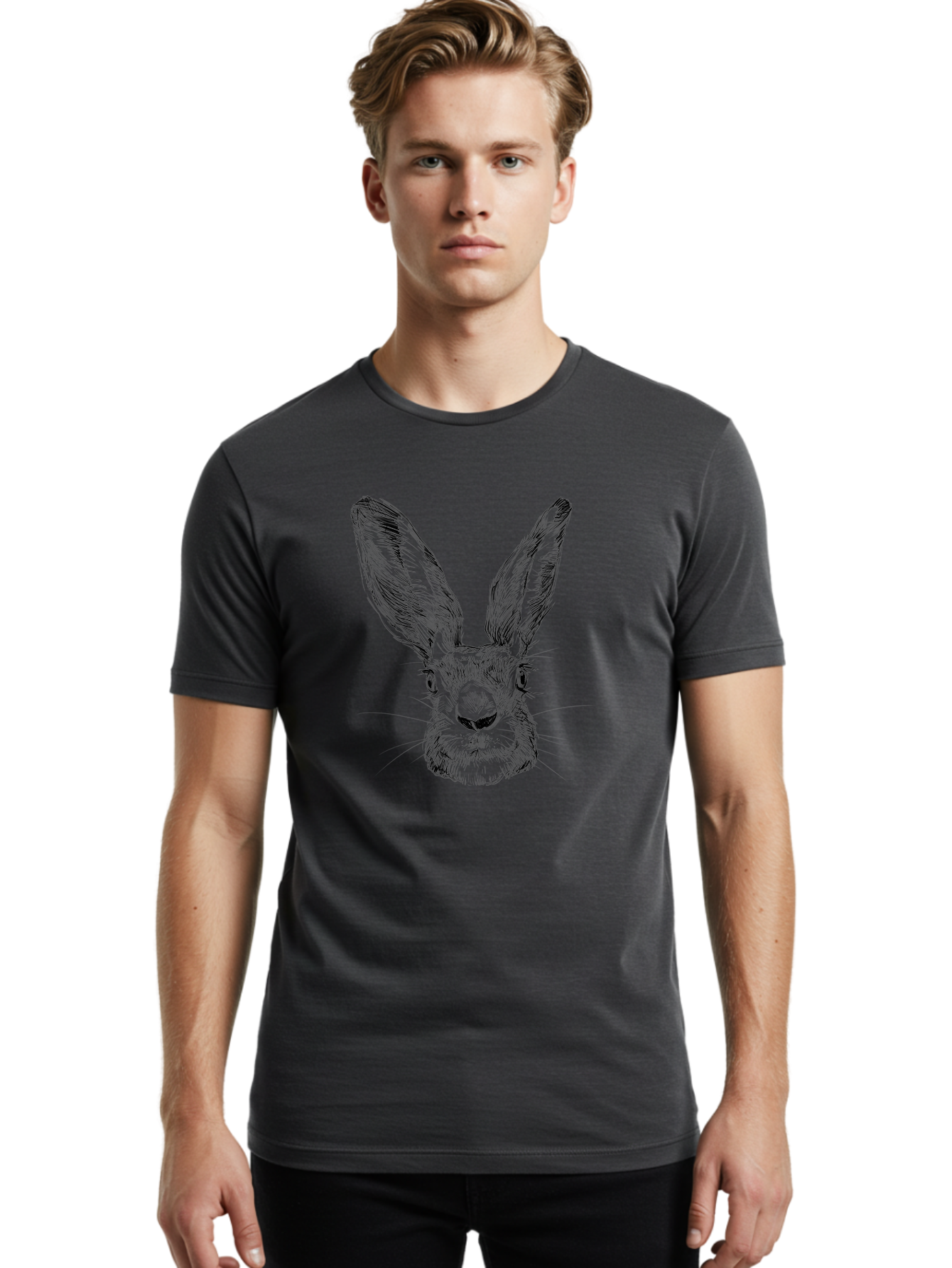 Rabbit-Sketch Men'S Graphic Tee, 100% Cotton, Comfortable Casual Summer Wear, Machine Washable, Rabbit Portrait, Detailed Illustration, Black And White Artwork, Long Ears, Whiskers, Wild Rabbit, Nature-Inspired Design, Sketch Style, Animal Art Aac267