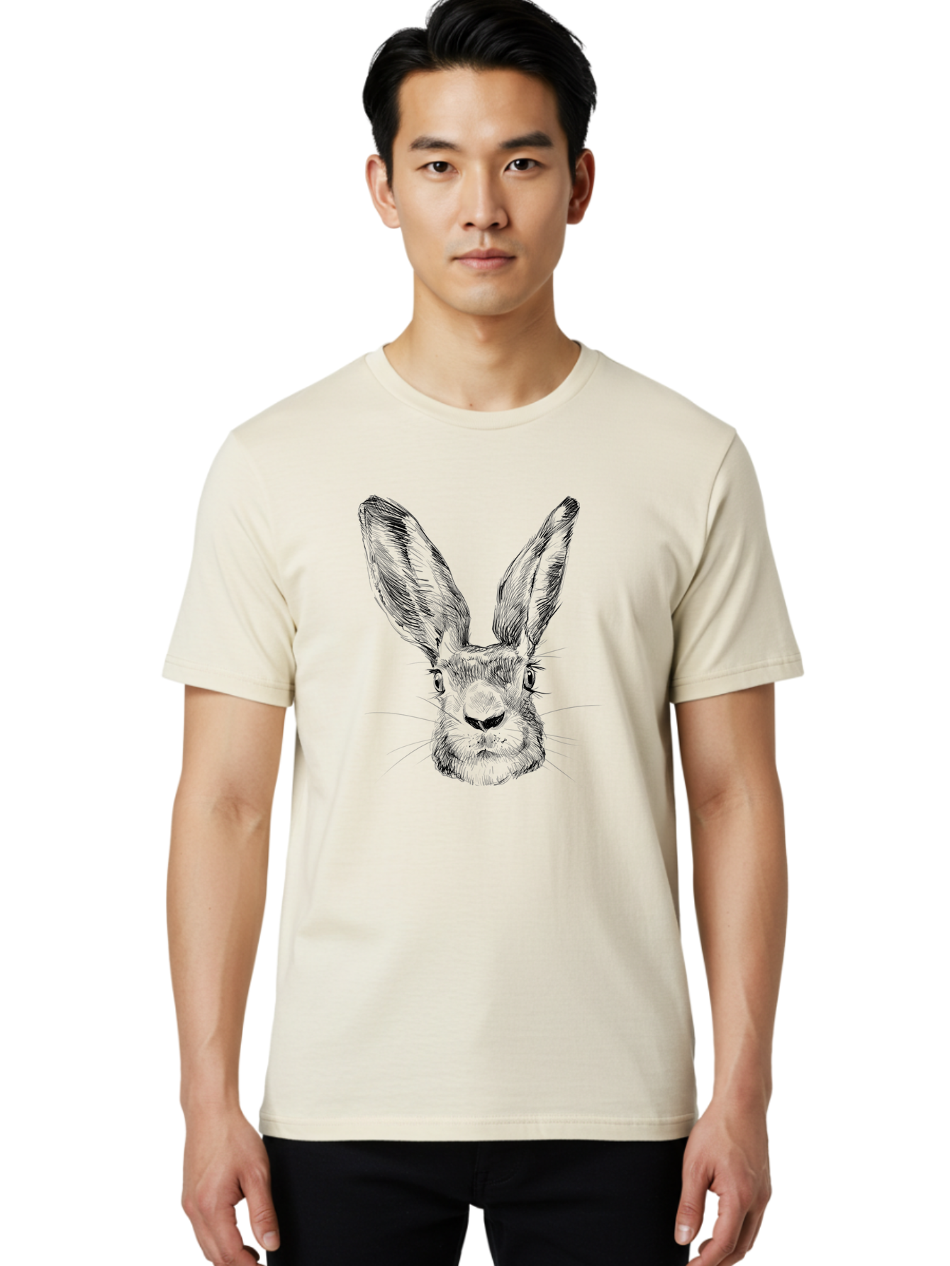 Rabbit-Sketch Men'S Graphic Tee, 100% Cotton, Comfortable Casual Summer Wear, Machine Washable, Rabbit Portrait, Detailed Illustration, Black And White Artwork, Long Ears, Whiskers, Wild Rabbit, Nature-Inspired Design, Sketch Style, Animal Art Aac267