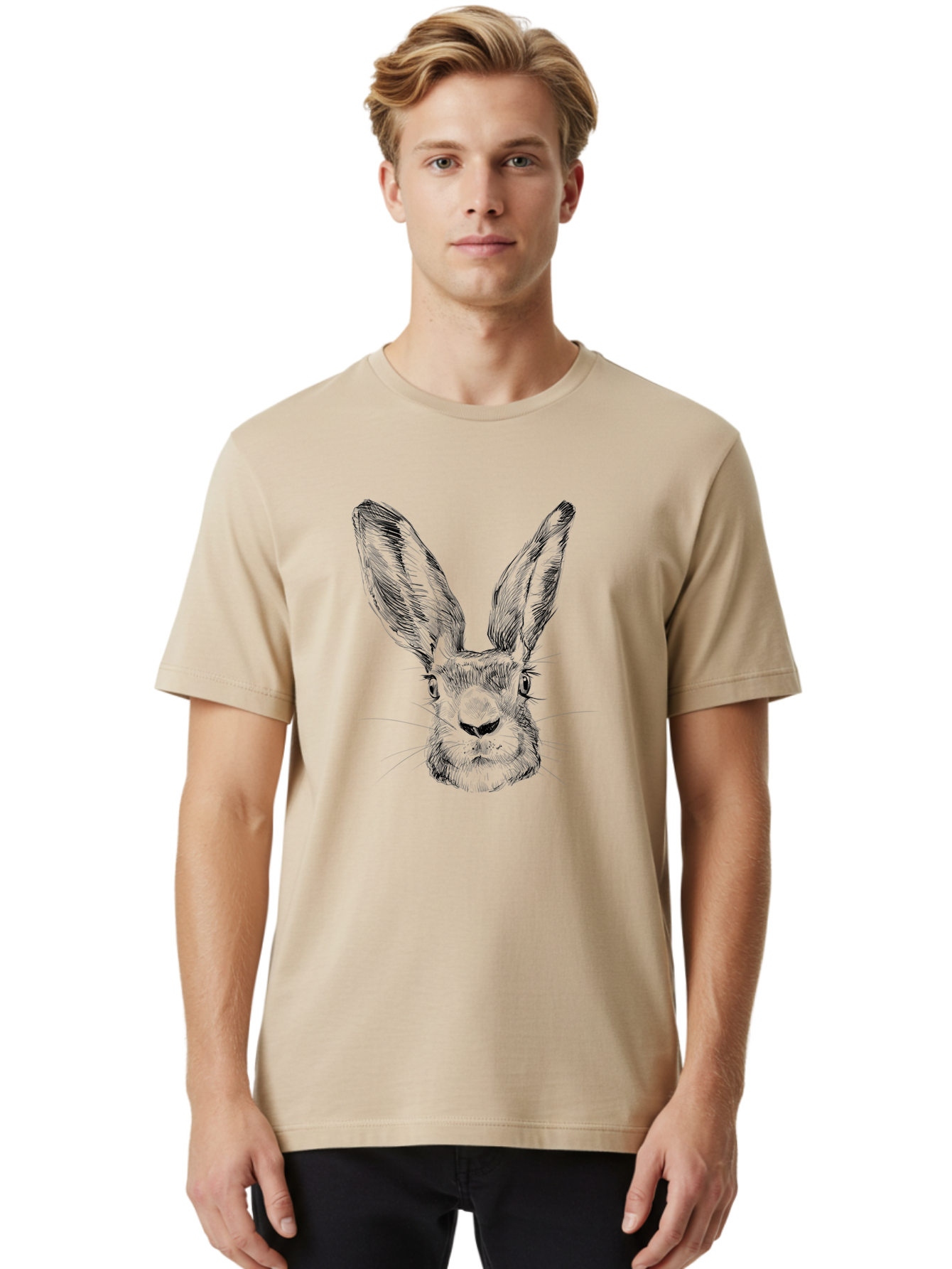 Rabbit-Sketch Men'S Graphic Tee, 100% Cotton, Comfortable Casual Summer Wear, Machine Washable, Rabbit Portrait, Detailed Illustration, Black And White Artwork, Long Ears, Whiskers, Wild Rabbit, Nature-Inspired Design, Sketch Style, Animal Art Aac267