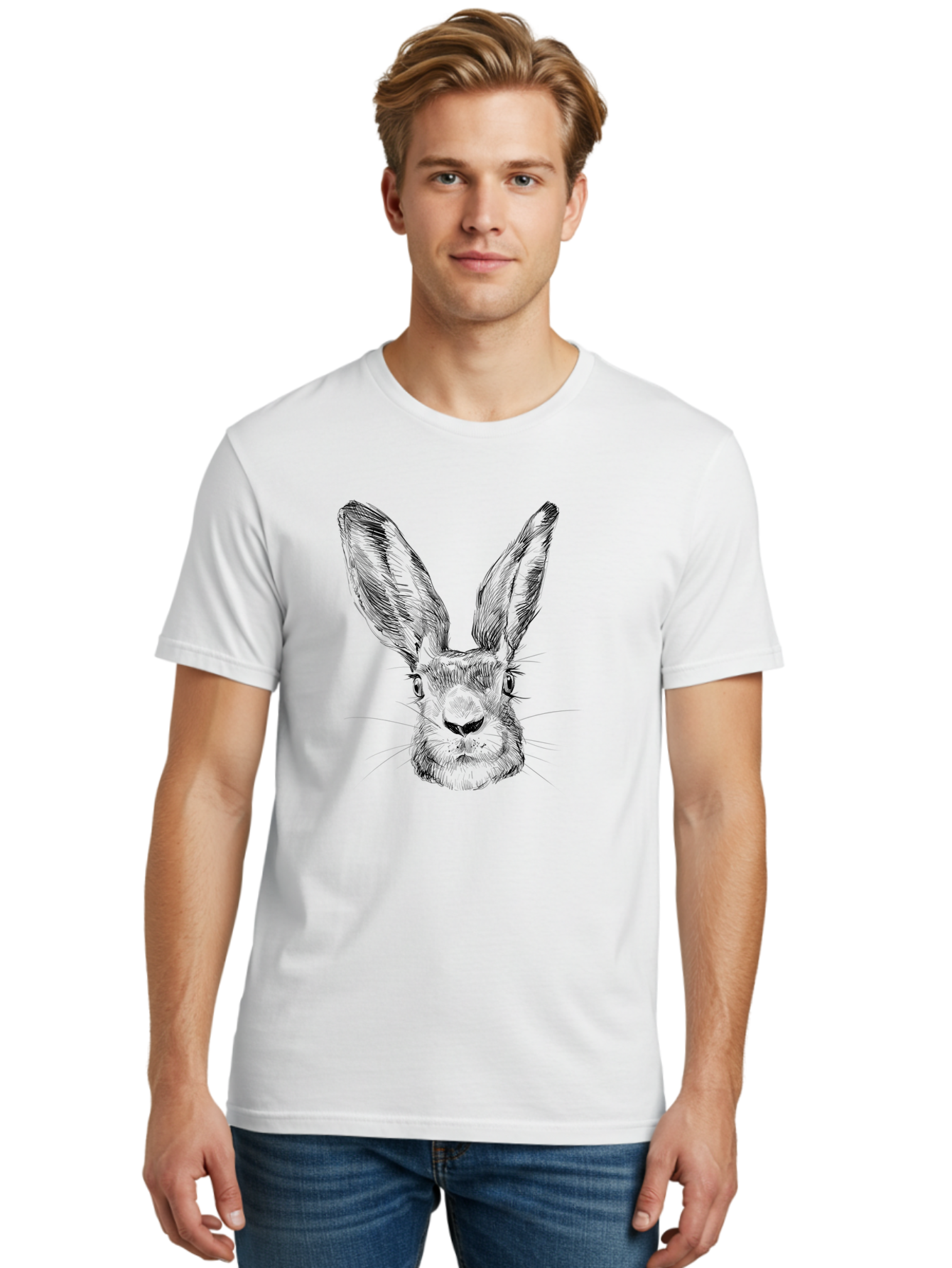 Rabbit-Sketch Men'S Graphic Tee, 100% Cotton, Comfortable Casual Summer Wear, Machine Washable, Rabbit Portrait, Detailed Illustration, Black And White Artwork, Long Ears, Whiskers, Wild Rabbit, Nature-Inspired Design, Sketch Style, Animal Art Aac267