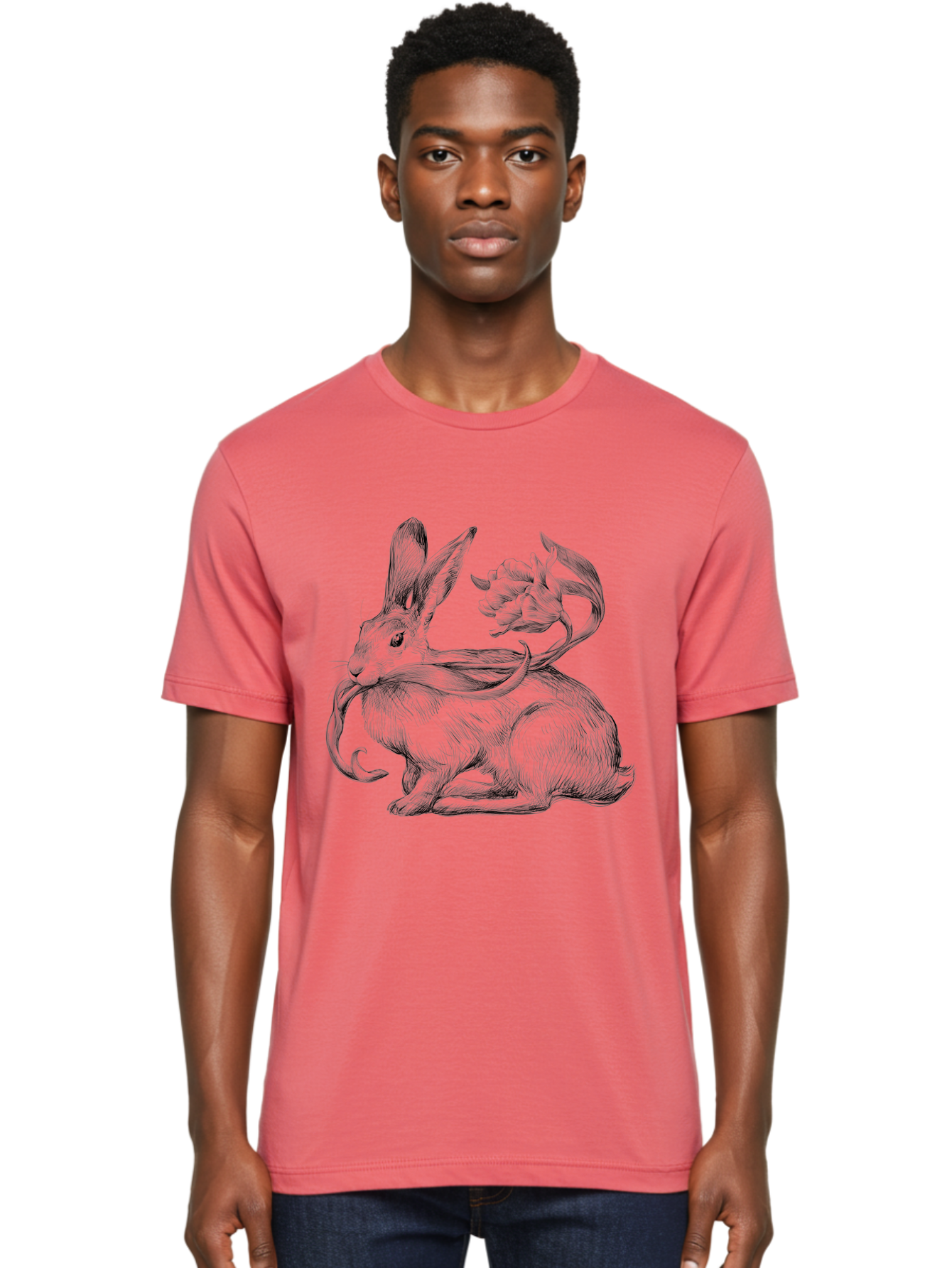 Rabbit-With-Floral-Tail Men'S Graphic Tee, 100% Cotton, Comfortable Casual Summer Wear, Machine Washable, Jackalope, Mythical Creature, Rabbit With Antlers, Fantasy Art, Surreal Illustration, Whimsical Design, Folk Art, Western Mythology, Aac268