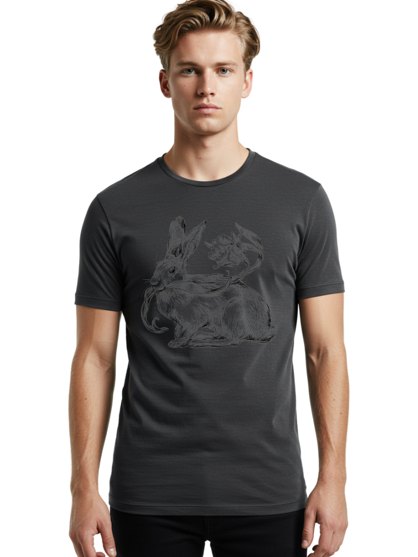 Rabbit-With-Floral-Tail Men'S Graphic Tee, 100% Cotton, Comfortable Casual Summer Wear, Machine Washable, Jackalope, Mythical Creature, Rabbit With Antlers, Fantasy Art, Surreal Illustration, Whimsical Design, Folk Art, Western Mythology, Aac268
