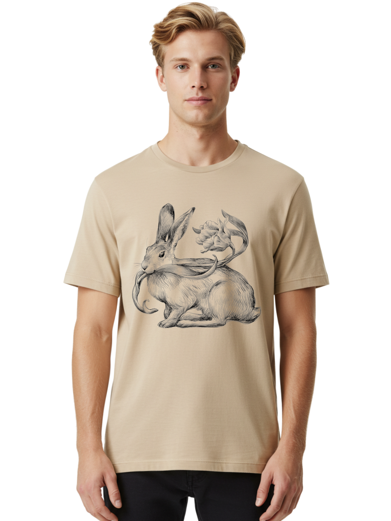 Rabbit-With-Floral-Tail Men'S Graphic Tee, 100% Cotton, Comfortable Casual Summer Wear, Machine Washable, Jackalope, Mythical Creature, Rabbit With Antlers, Fantasy Art, Surreal Illustration, Whimsical Design, Folk Art, Western Mythology, Aac268