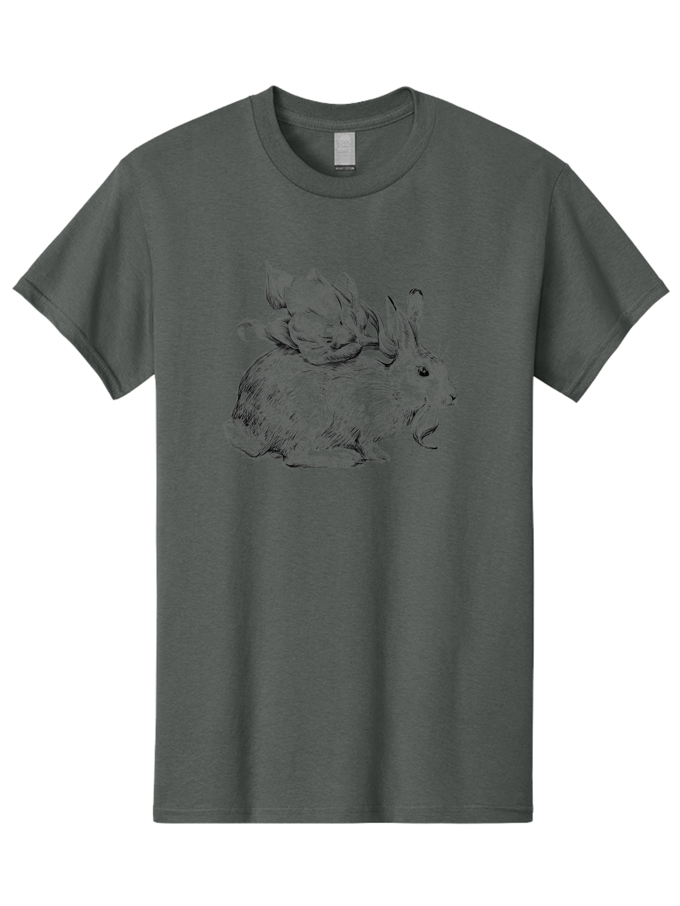 Rabbit-With-Flowers-1 Men'S Graphic Tee, 100% Cotton, Comfortable Casual Summer Wear, Machine Washable, Rabbit With Tulip On Its Back, Floral Design, Intricate Details, Whimsical Illustration, Fantasy Art, Spring Theme, Cute Rabbit, Aac269