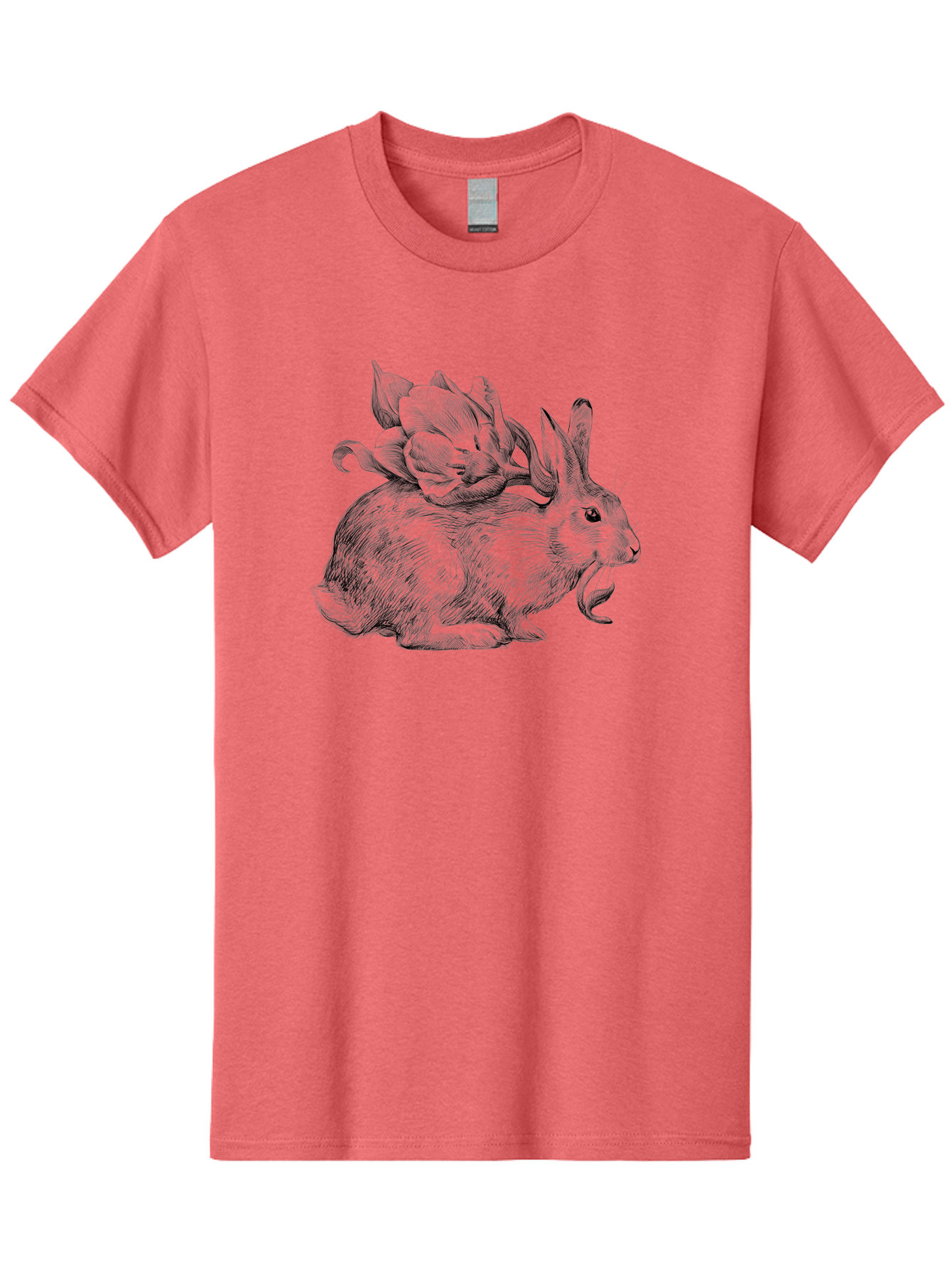 Rabbit-With-Flowers-1 Men'S Graphic Tee, 100% Cotton, Comfortable Casual Summer Wear, Machine Washable, Rabbit With Tulip On Its Back, Floral Design, Intricate Details, Whimsical Illustration, Fantasy Art, Spring Theme, Cute Rabbit, Aac269