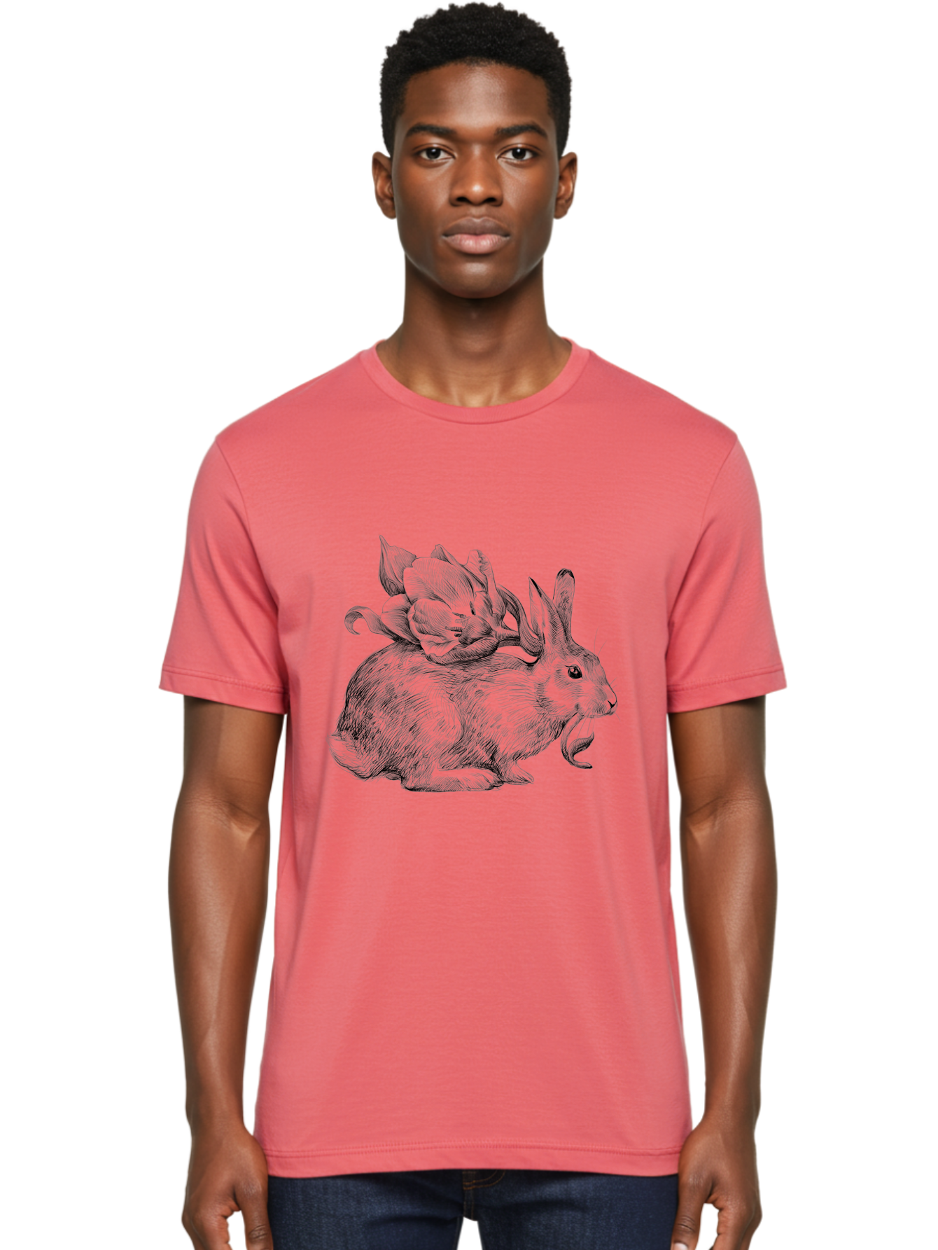 Rabbit-With-Flowers-1 Men'S Graphic Tee, 100% Cotton, Comfortable Casual Summer Wear, Machine Washable, Rabbit With Tulip On Its Back, Floral Design, Intricate Details, Whimsical Illustration, Fantasy Art, Spring Theme, Cute Rabbit, Aac269