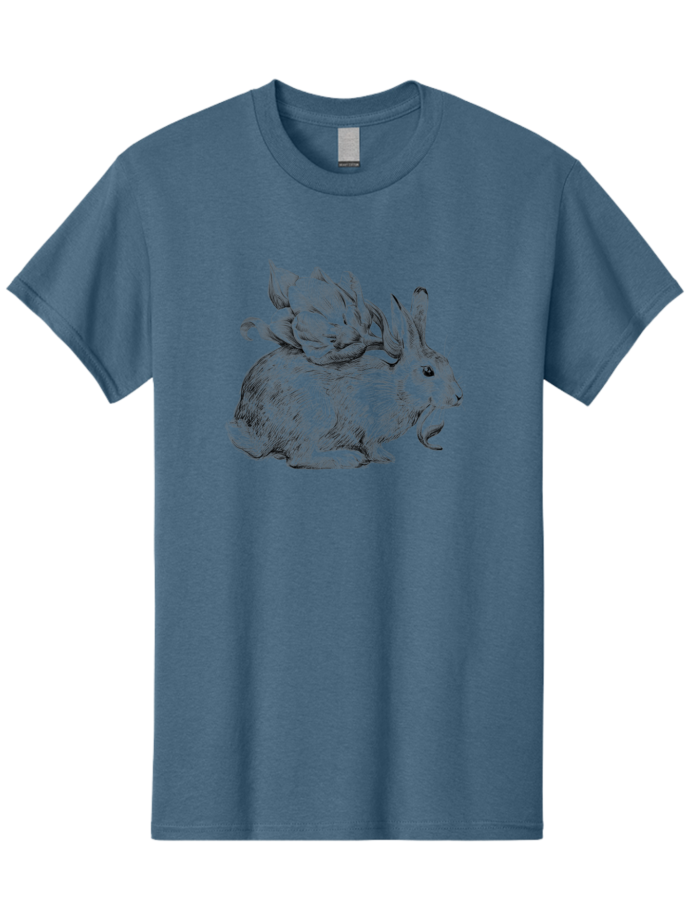 Rabbit-With-Flowers-1 Men'S Graphic Tee, 100% Cotton, Comfortable Casual Summer Wear, Machine Washable, Rabbit With Tulip On Its Back, Floral Design, Intricate Details, Whimsical Illustration, Fantasy Art, Spring Theme, Cute Rabbit, Aac269