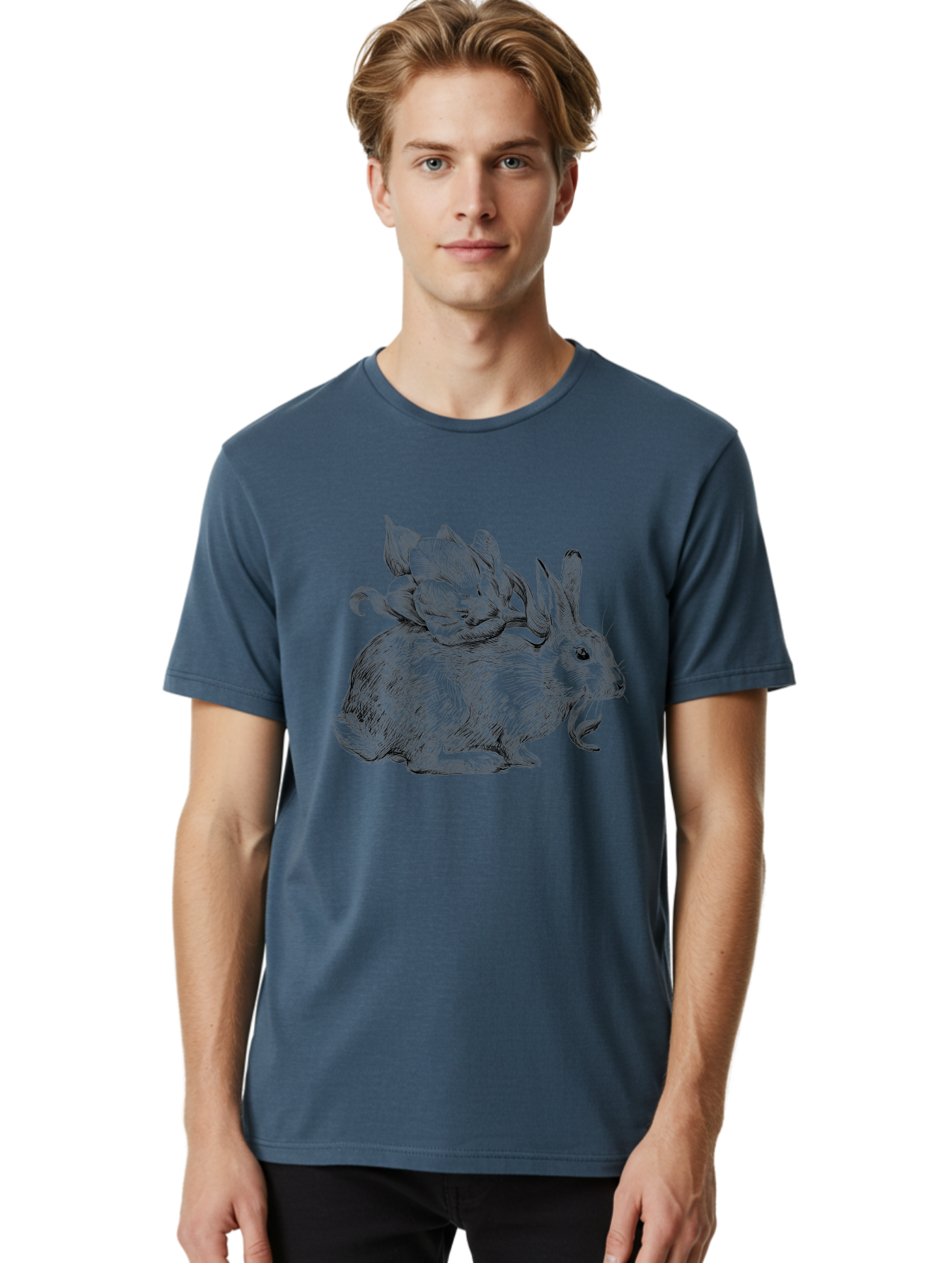 Rabbit-With-Flowers-1 Men'S Graphic Tee, 100% Cotton, Comfortable Casual Summer Wear, Machine Washable, Rabbit With Tulip On Its Back, Floral Design, Intricate Details, Whimsical Illustration, Fantasy Art, Spring Theme, Cute Rabbit, Aac269