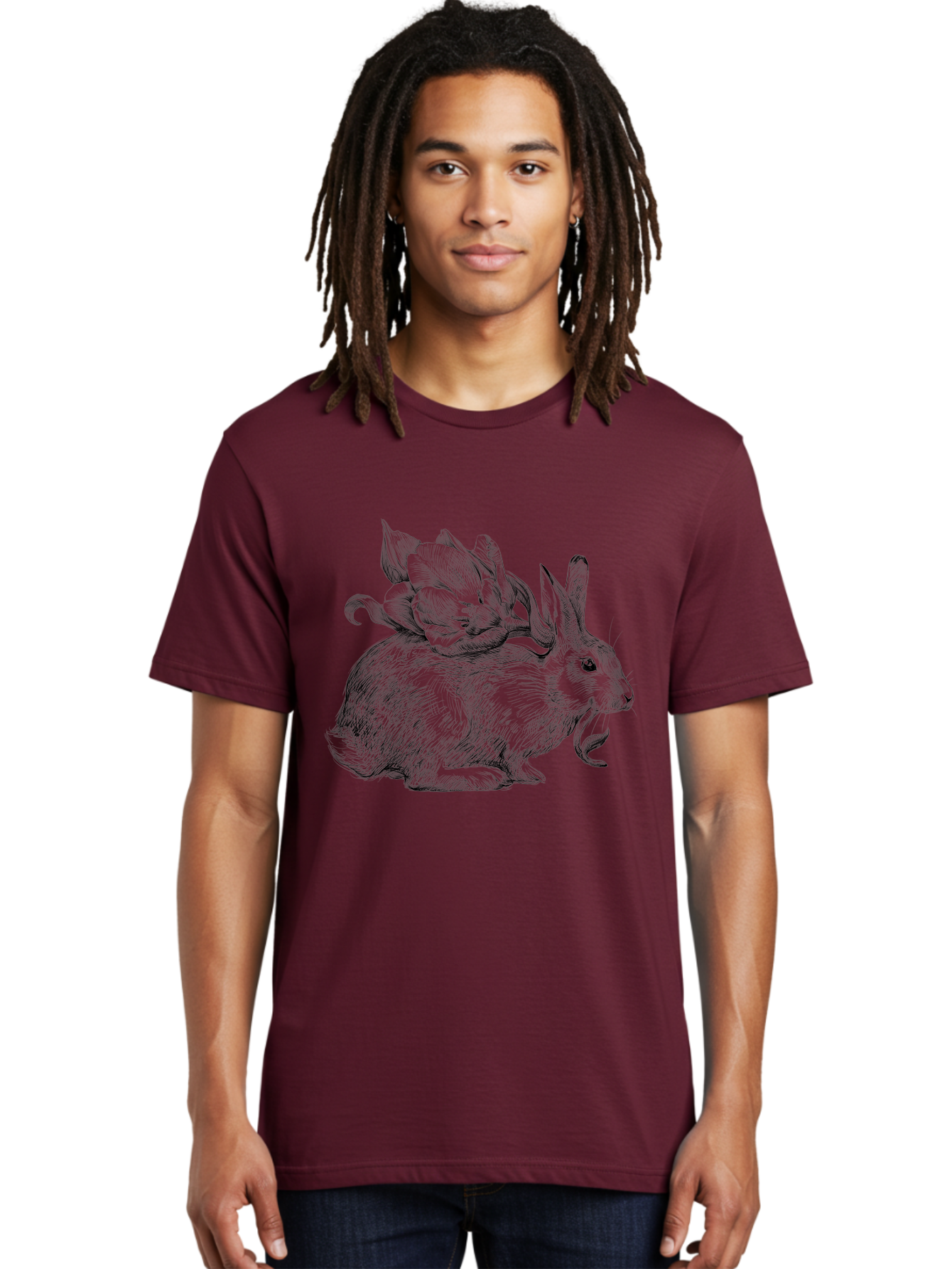 Rabbit-With-Flowers-1 Men'S Graphic Tee, 100% Cotton, Comfortable Casual Summer Wear, Machine Washable, Rabbit With Tulip On Its Back, Floral Design, Intricate Details, Whimsical Illustration, Fantasy Art, Spring Theme, Cute Rabbit, Aac269